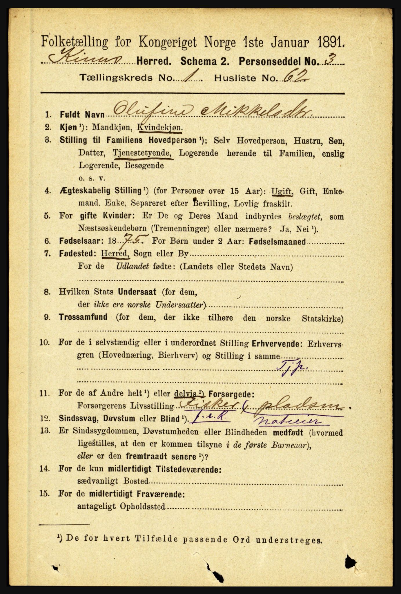 RA, 1891 census for 1437 Kinn, 1891, p. 473