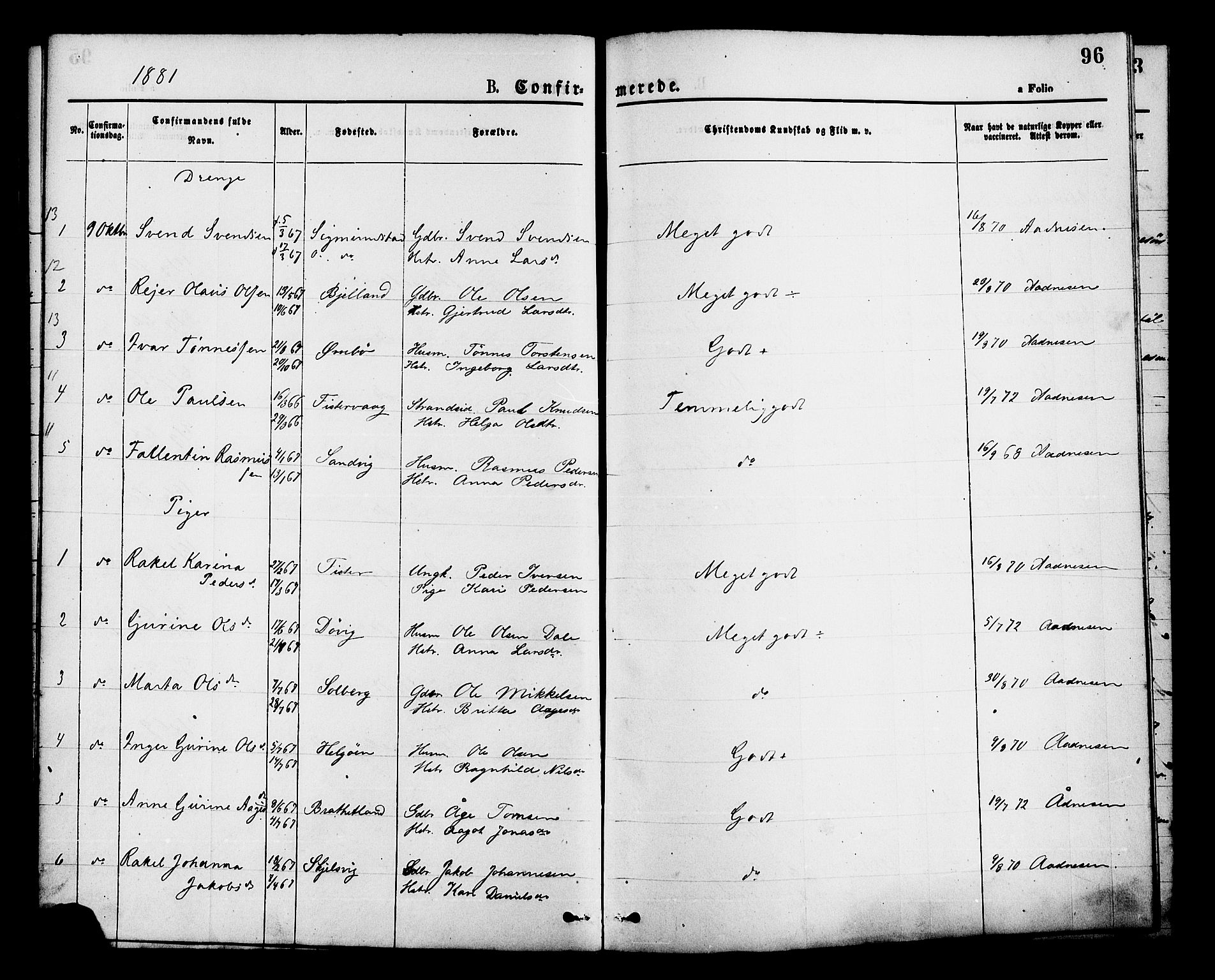 Hjelmeland sokneprestkontor, AV/SAST-A-101843/01/IV/L0013: Parish register (official) no. A 13, 1872-1886, p. 96