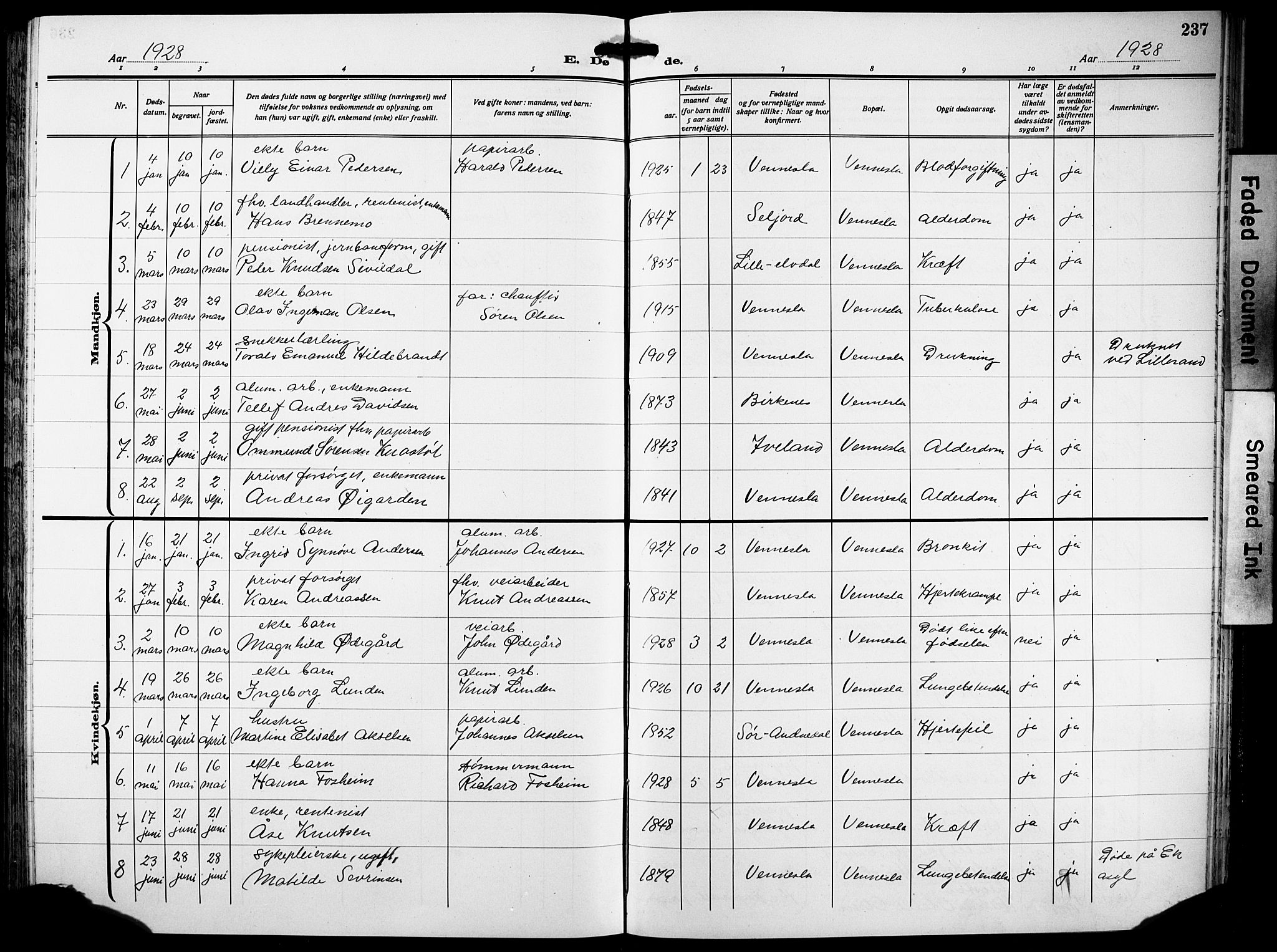 Vennesla sokneprestkontor, AV/SAK-1111-0045/Fb/Fbb/L0007: Parish register (copy) no. B 7, 1922-1933, p. 237