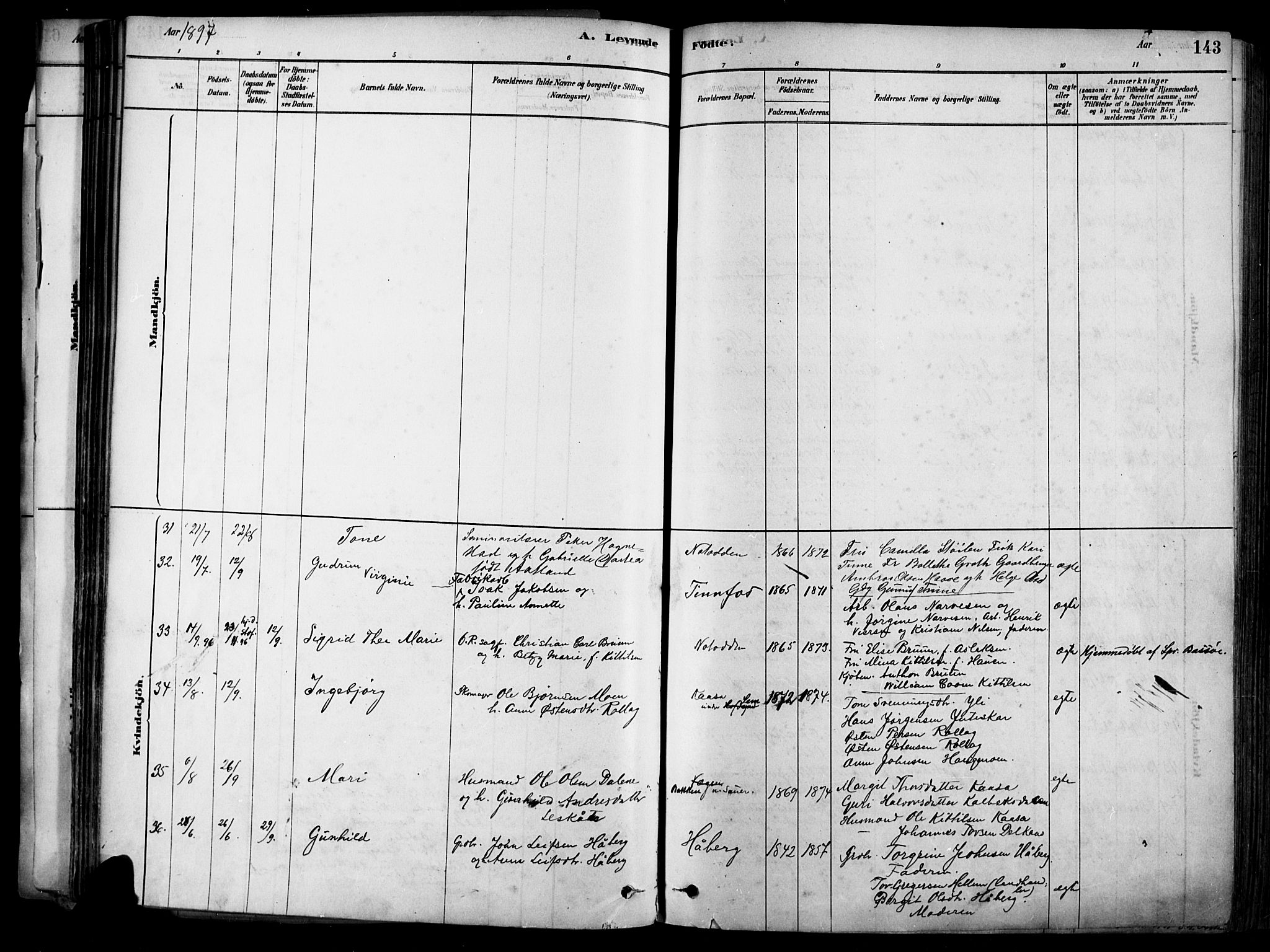 Heddal kirkebøker, SAKO/A-268/F/Fa/L0008: Parish register (official) no. I 8, 1878-1903, p. 143