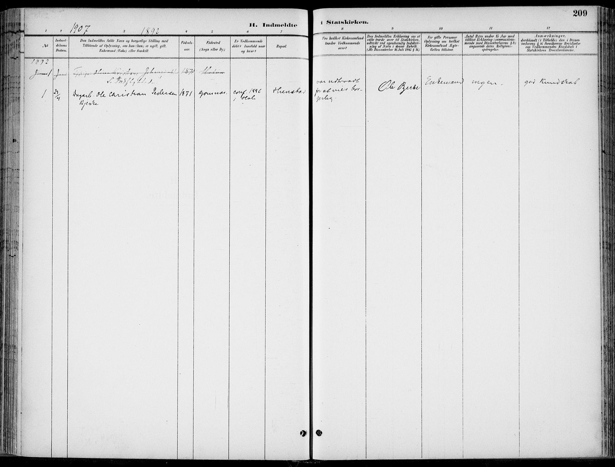 Hole kirkebøker, AV/SAKO-A-228/F/Fa/L0009: Parish register (official) no. I 9, 1892-1907, p. 209