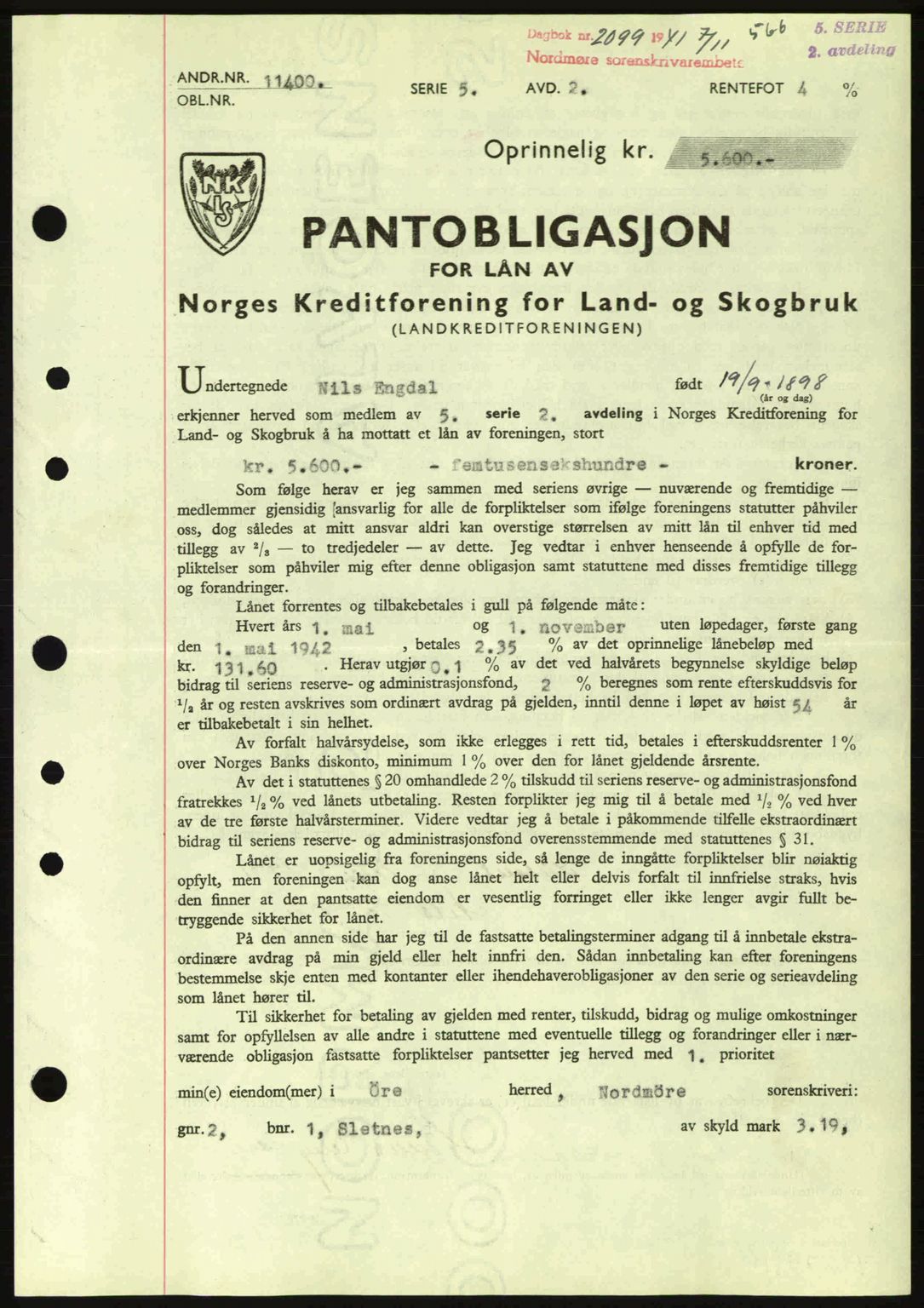Nordmøre sorenskriveri, SAT/A-4132/1/2/2Ca: Mortgage book no. B88, 1941-1942, Diary no: : 2099/1941