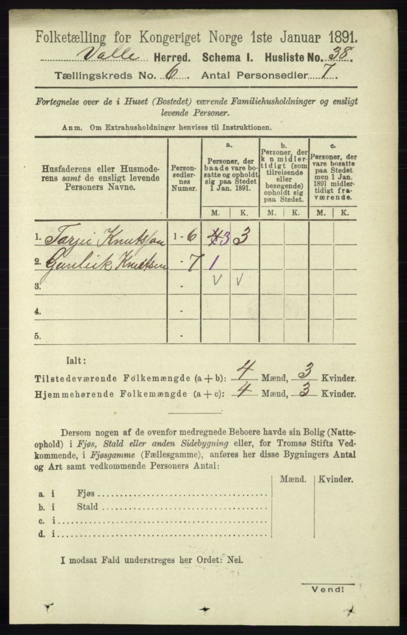 RA, 1891 census for 0940 Valle, 1891, p. 1673