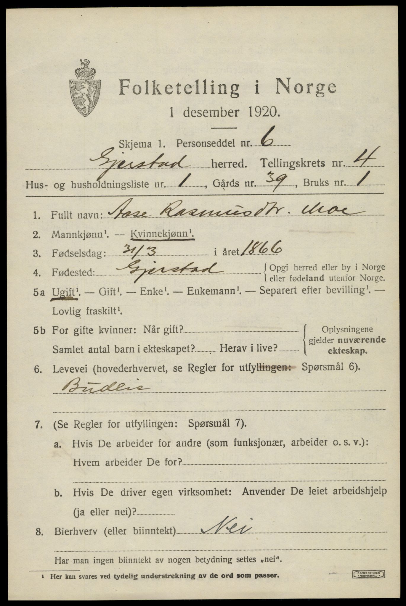 SAK, 1920 census for Gjerstad, 1920, p. 2715