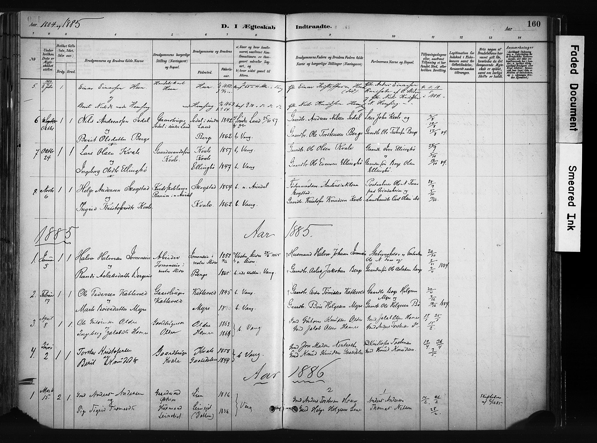 Vang prestekontor, Valdres, SAH/PREST-140/H/Ha/L0008: Parish register (official) no. 8, 1882-1910, p. 160