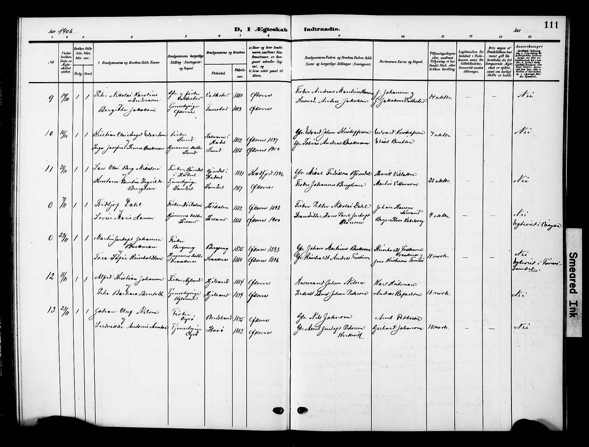 Ministerialprotokoller, klokkerbøker og fødselsregistre - Nordland, AV/SAT-A-1459/893/L1350: Parish register (copy) no. 893C05, 1906-1927, p. 111