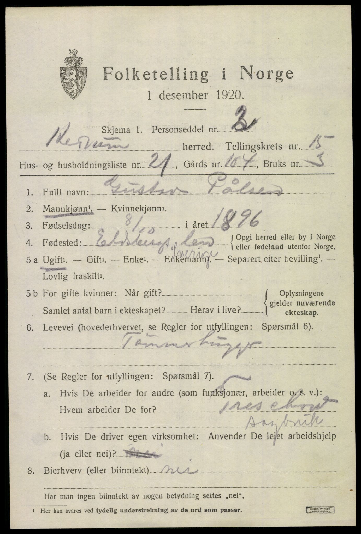 SAKO, 1920 census for Hedrum, 1920, p. 10187