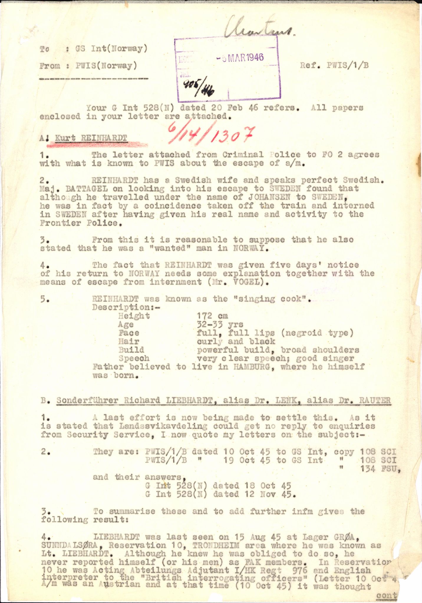 Forsvaret, Forsvarets overkommando II, AV/RA-RAFA-3915/D/Db/L0027: CI Questionaires. Tyske okkupasjonsstyrker i Norge. Tyskere., 1945-1946, p. 186