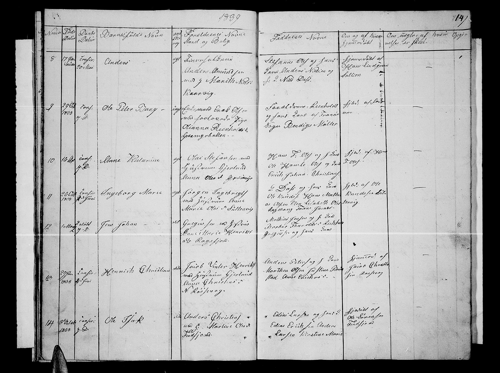 Lenvik sokneprestembete, SATØ/S-1310/H/Ha/Hab/L0002klokker: Parish register (copy) no. 2, 1838-1843, p. 14