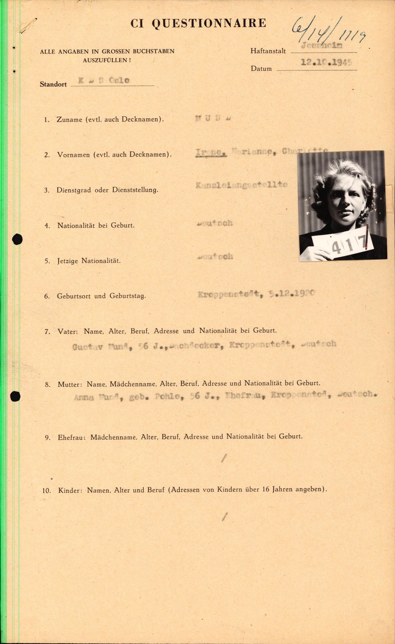 Forsvaret, Forsvarets overkommando II, RA/RAFA-3915/D/Db/L0022: CI Questionaires. Tyske okkupasjonsstyrker i Norge. Tyskere., 1945-1946, p. 444