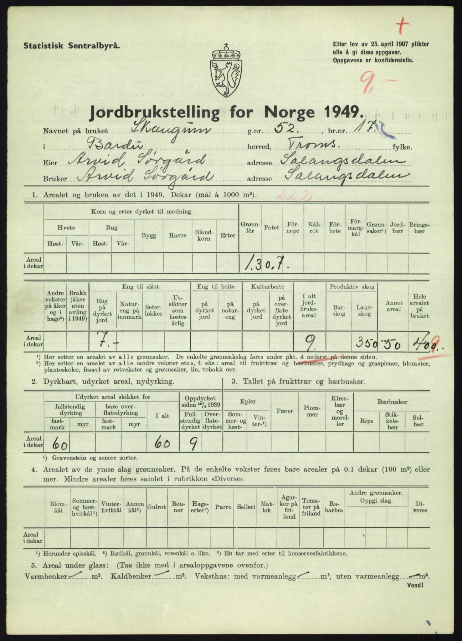 Statistisk sentralbyrå, Næringsøkonomiske emner, Jordbruk, skogbruk, jakt, fiske og fangst, AV/RA-S-2234/G/Gc/L0438: Troms: Salangen og Bardu, 1949, p. 965