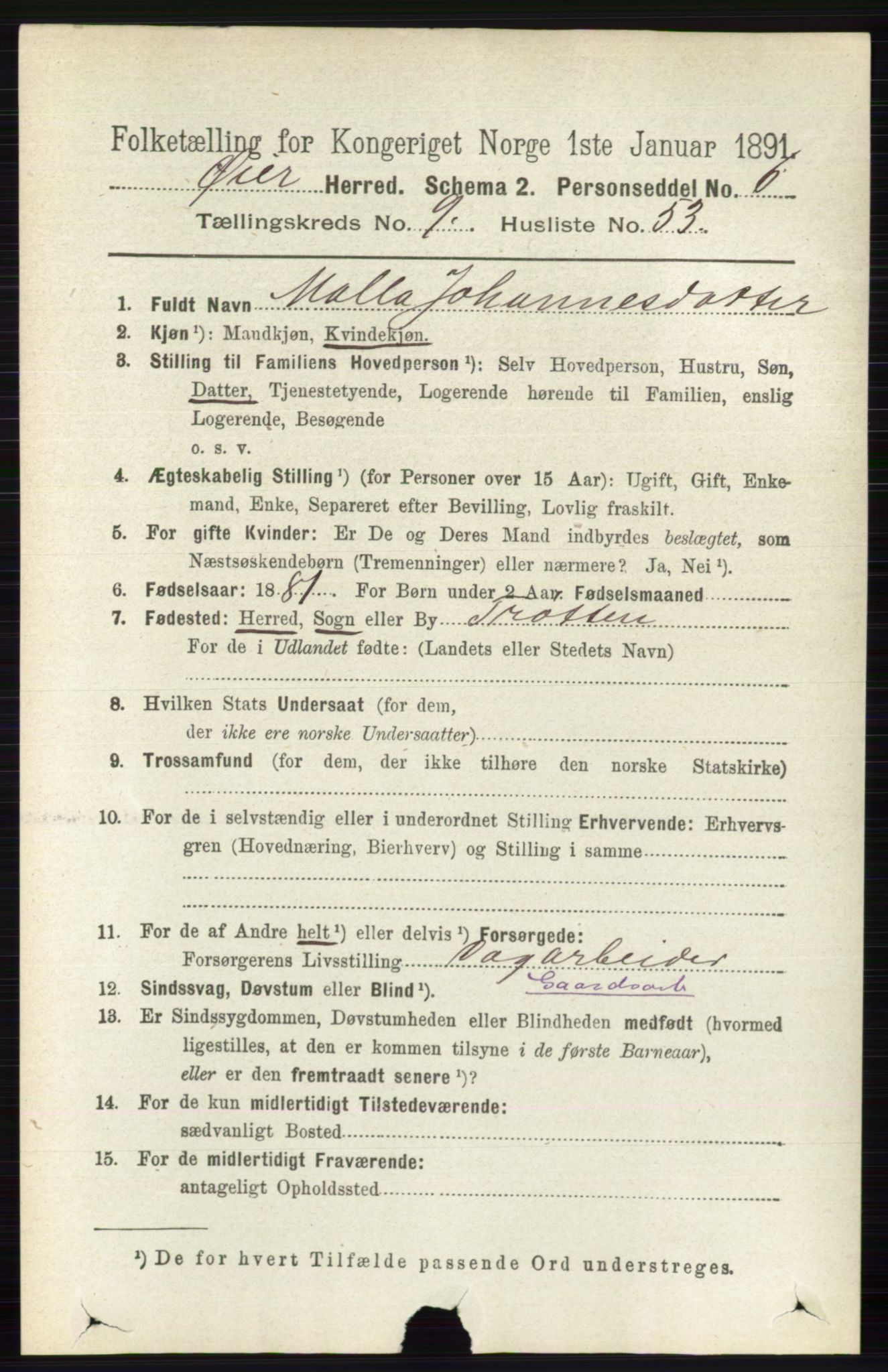 RA, 1891 census for 0521 Øyer, 1891, p. 3418