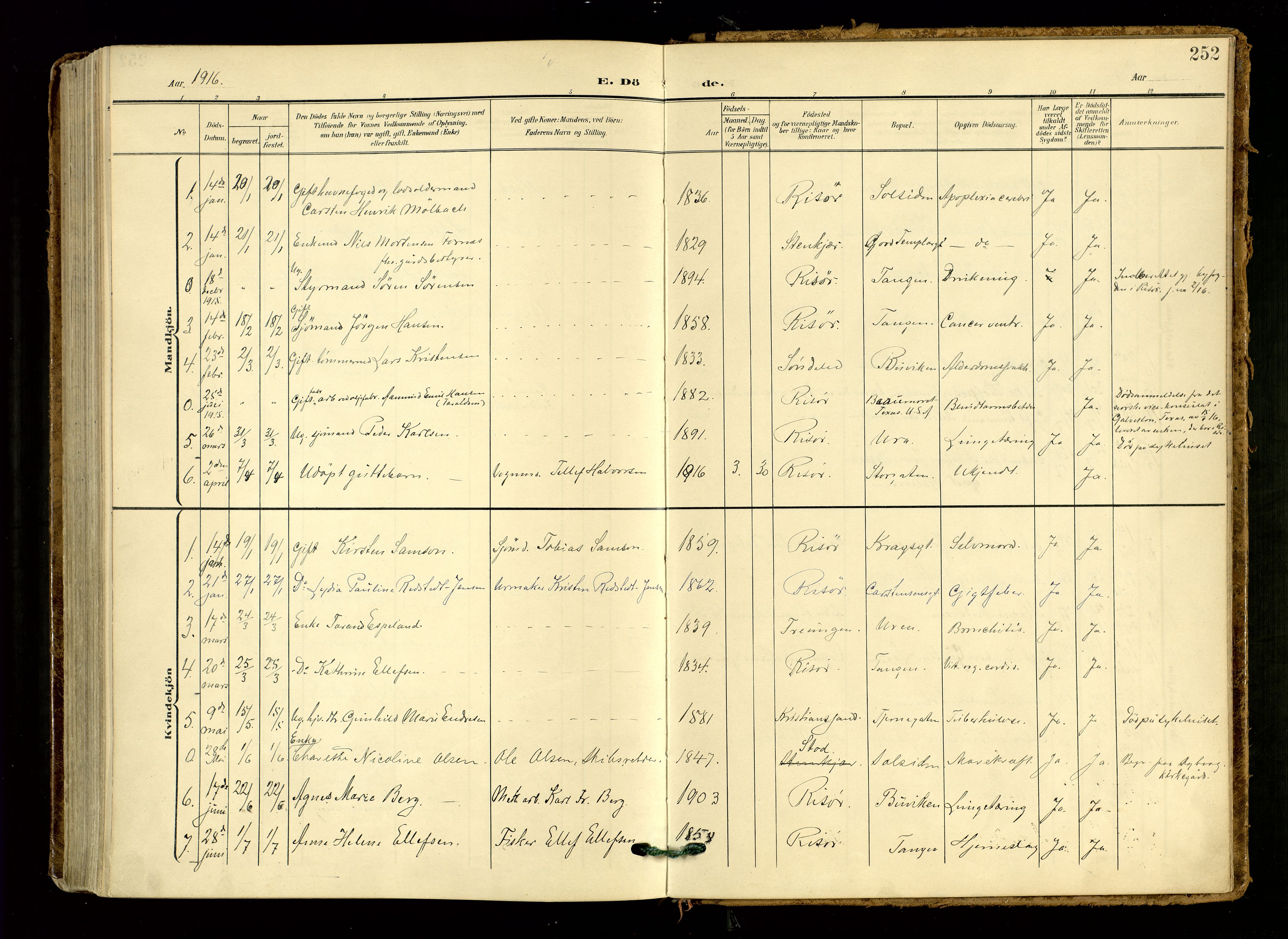 Risør sokneprestkontor, SAK/1111-0035/F/Fa/L0011: Parish register (official) no. A 11, 1907-1920, p. 252