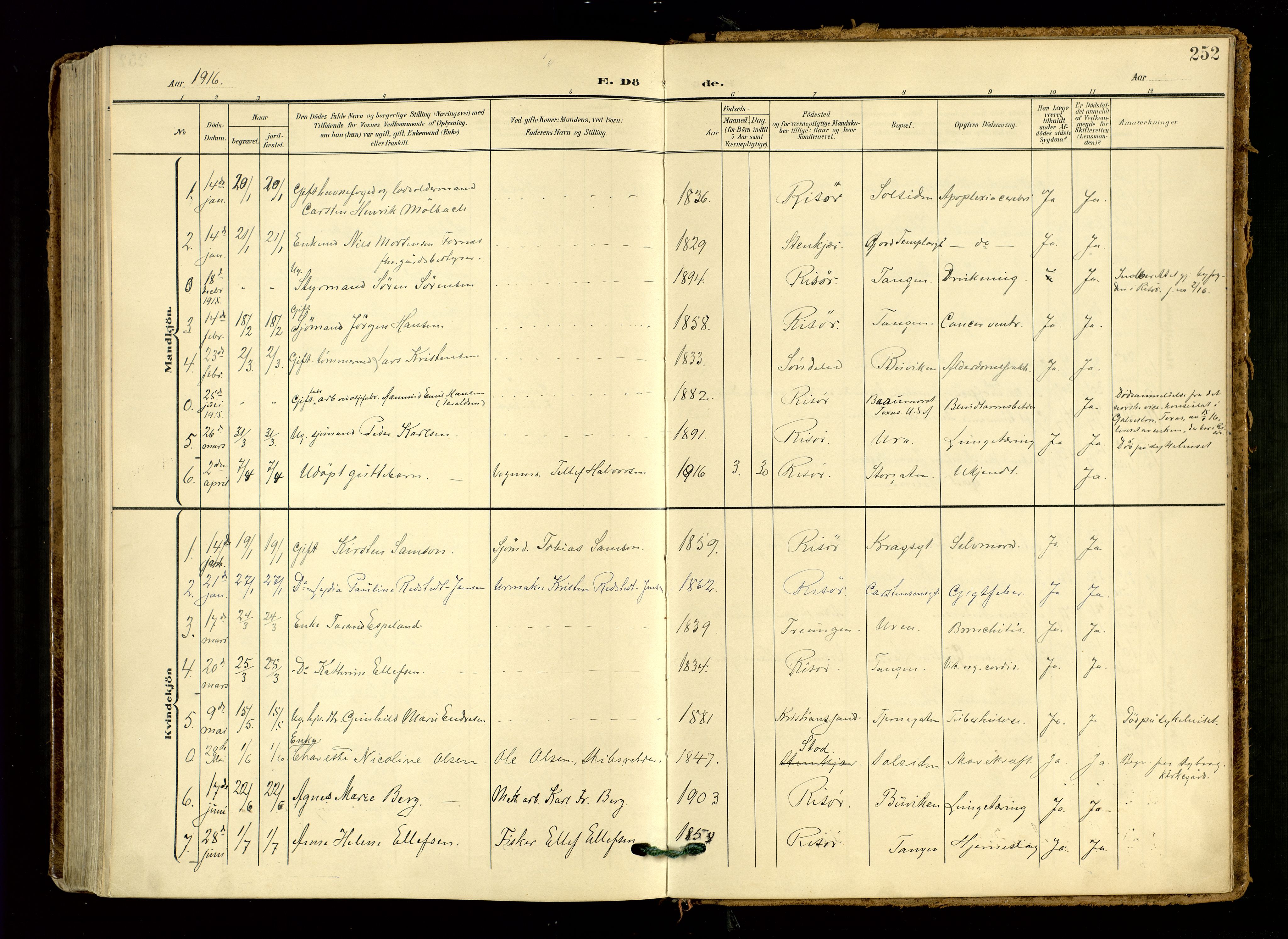 Risør sokneprestkontor, AV/SAK-1111-0035/F/Fa/L0011: Parish register (official) no. A 11, 1907-1920, p. 252