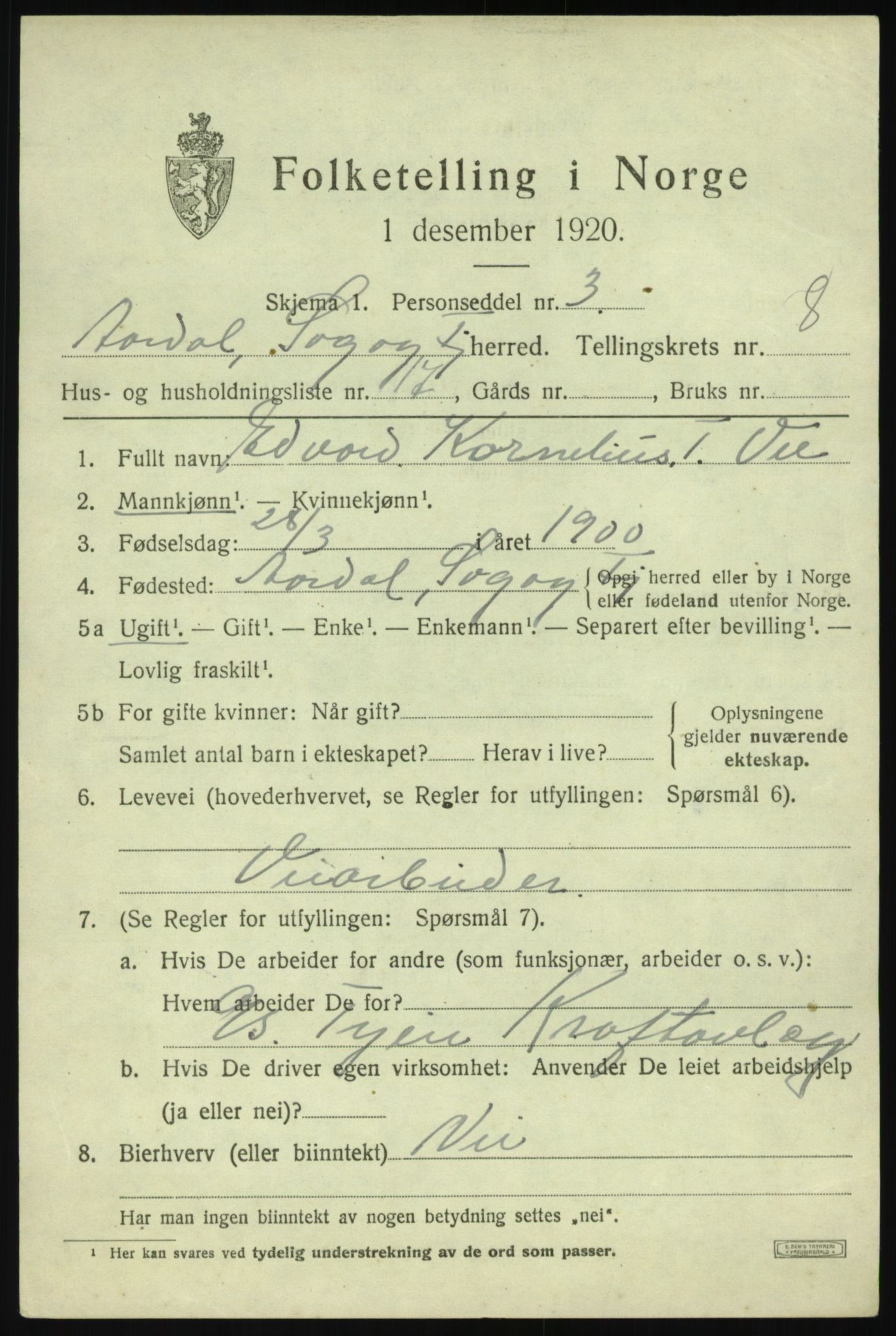 SAB, 1920 census for Årdal, 1920, p. 3827