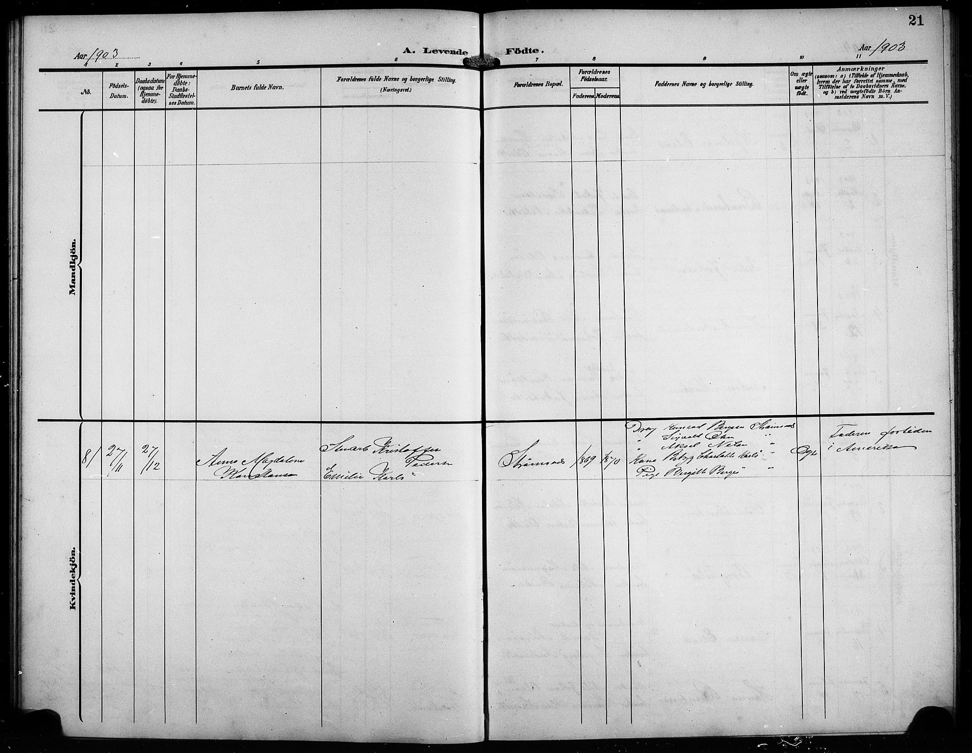 Askøy Sokneprestembete, SAB/A-74101/H/Ha/Hab/Haba/L0010: Parish register (copy) no. A 10, 1903-1907, p. 21