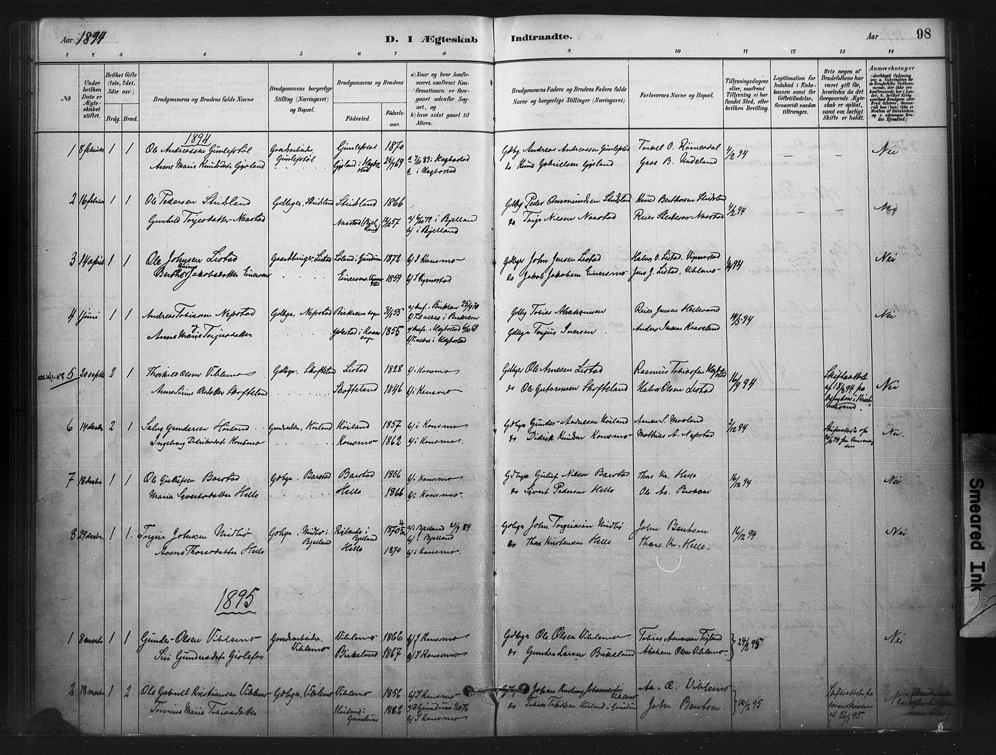 Nord-Audnedal sokneprestkontor, SAK/1111-0032/F/Fa/Faa/L0003: Parish register (official) no. A 3, 1882-1900, p. 98