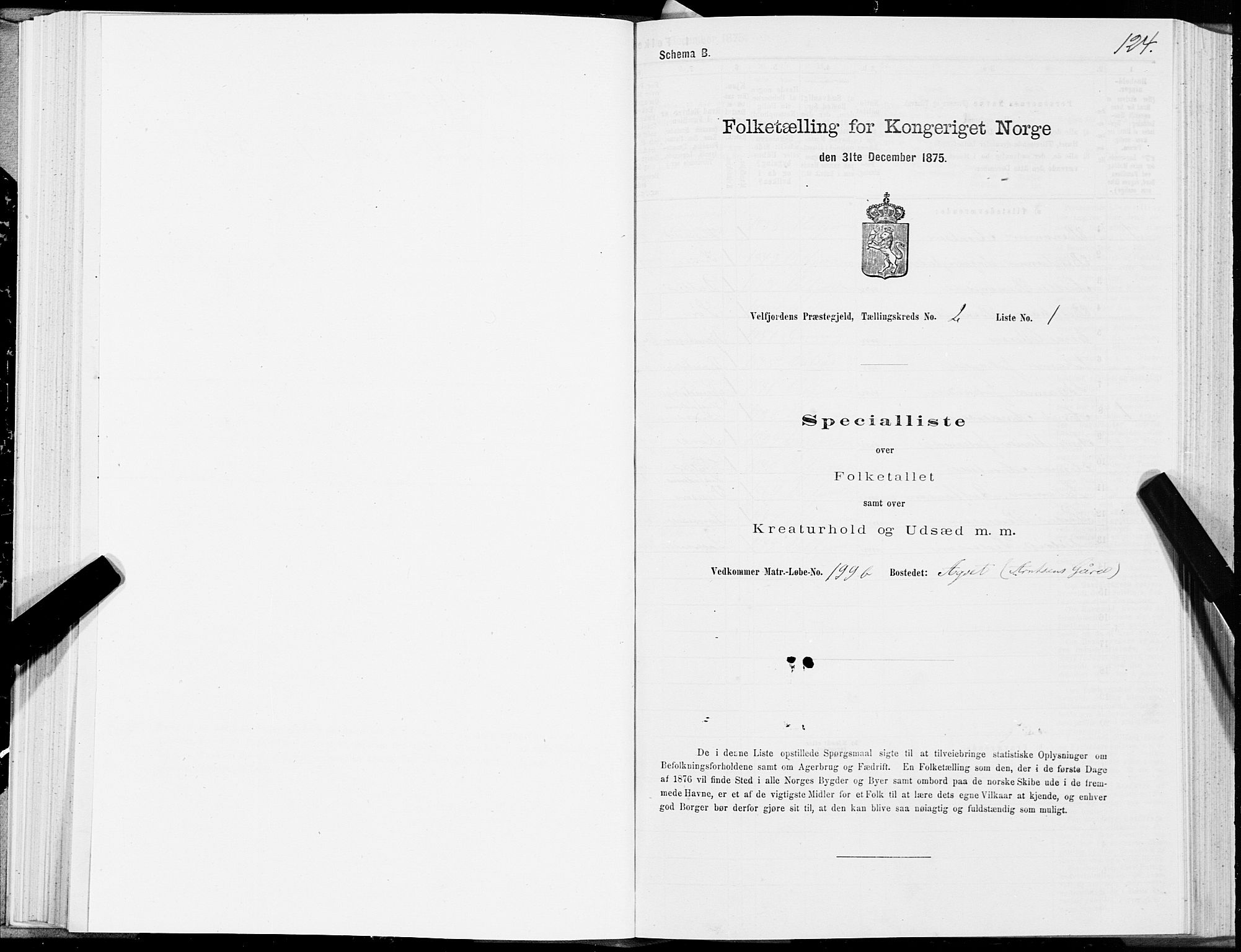 SAT, 1875 census for 1813P Velfjord, 1875, p. 1124