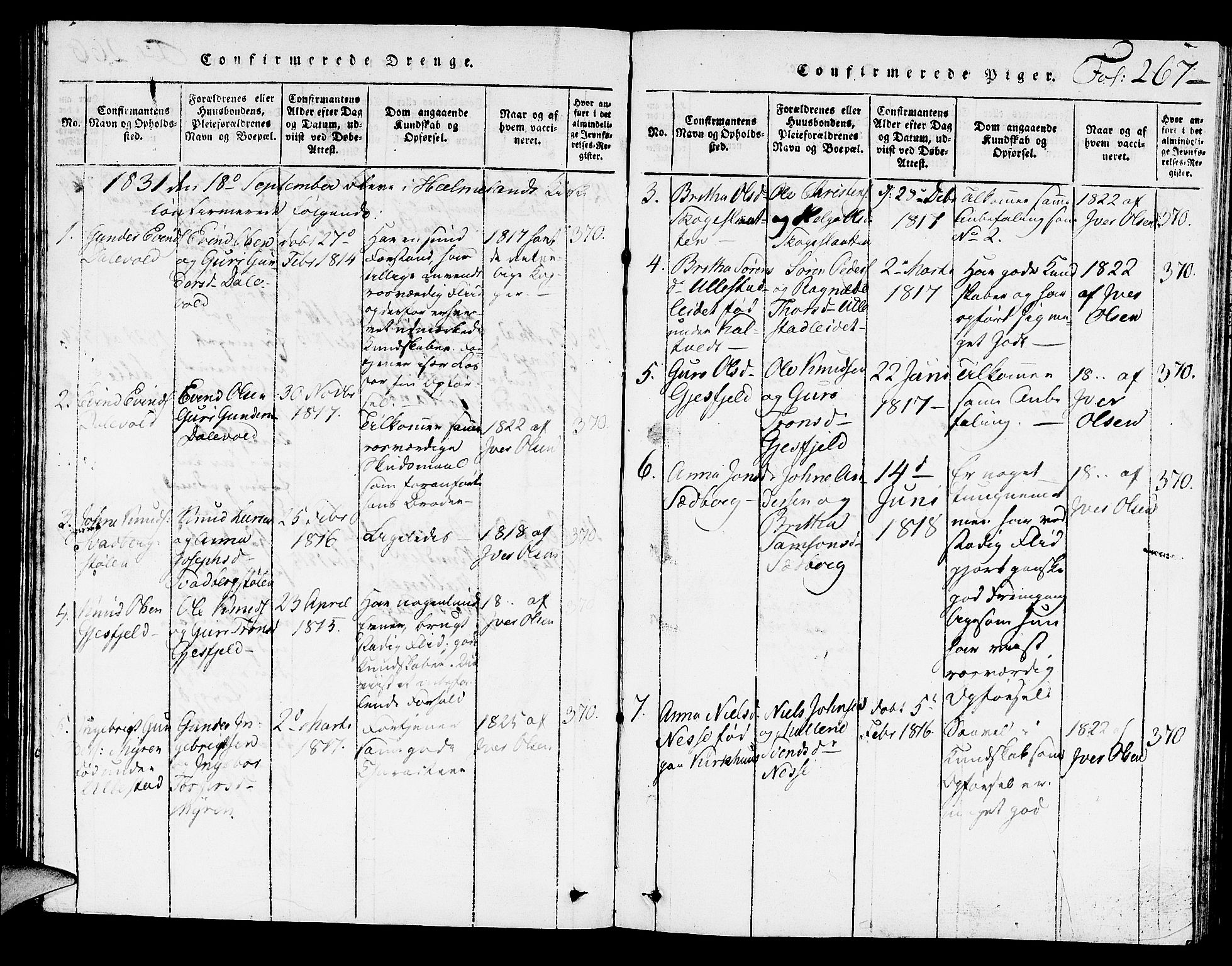 Hjelmeland sokneprestkontor, SAST/A-101843/01/V/L0002: Parish register (copy) no. B 2, 1816-1841, p. 267