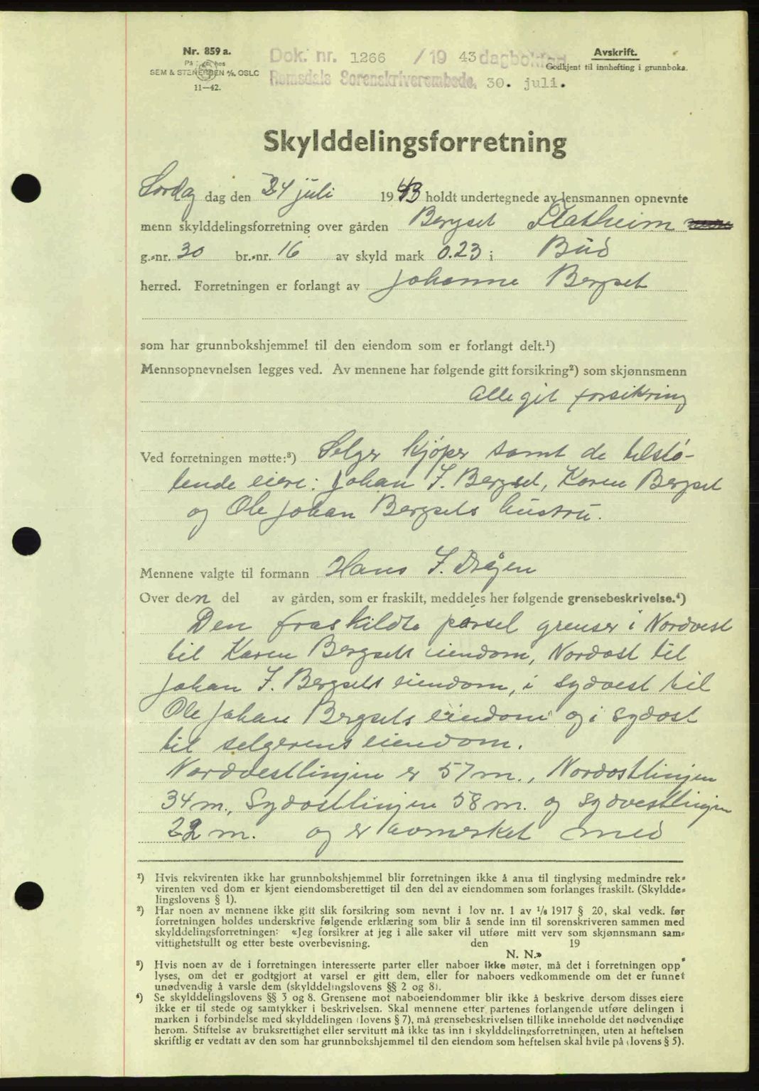 Romsdal sorenskriveri, AV/SAT-A-4149/1/2/2C: Mortgage book no. A14, 1943-1943, Diary no: : 1266/1943