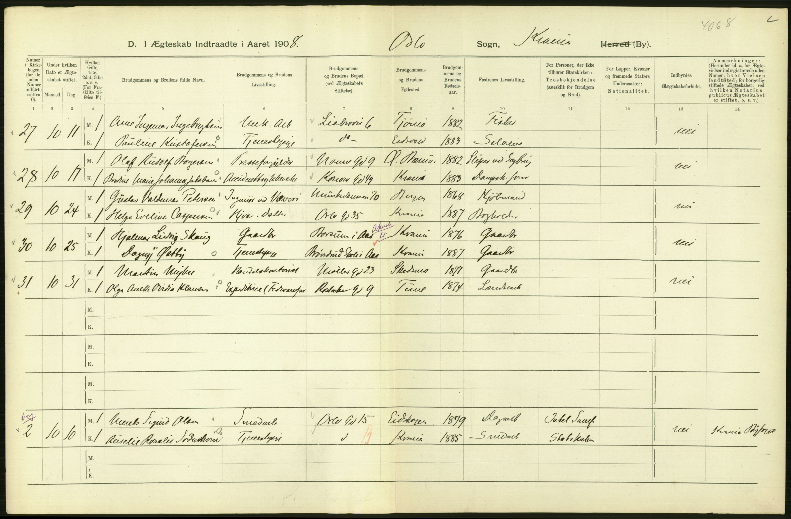 Statistisk sentralbyrå, Sosiodemografiske emner, Befolkning, AV/RA-S-2228/D/Df/Dfa/Dfaf/L0007: Kristiania: Gifte, 1908, p. 238