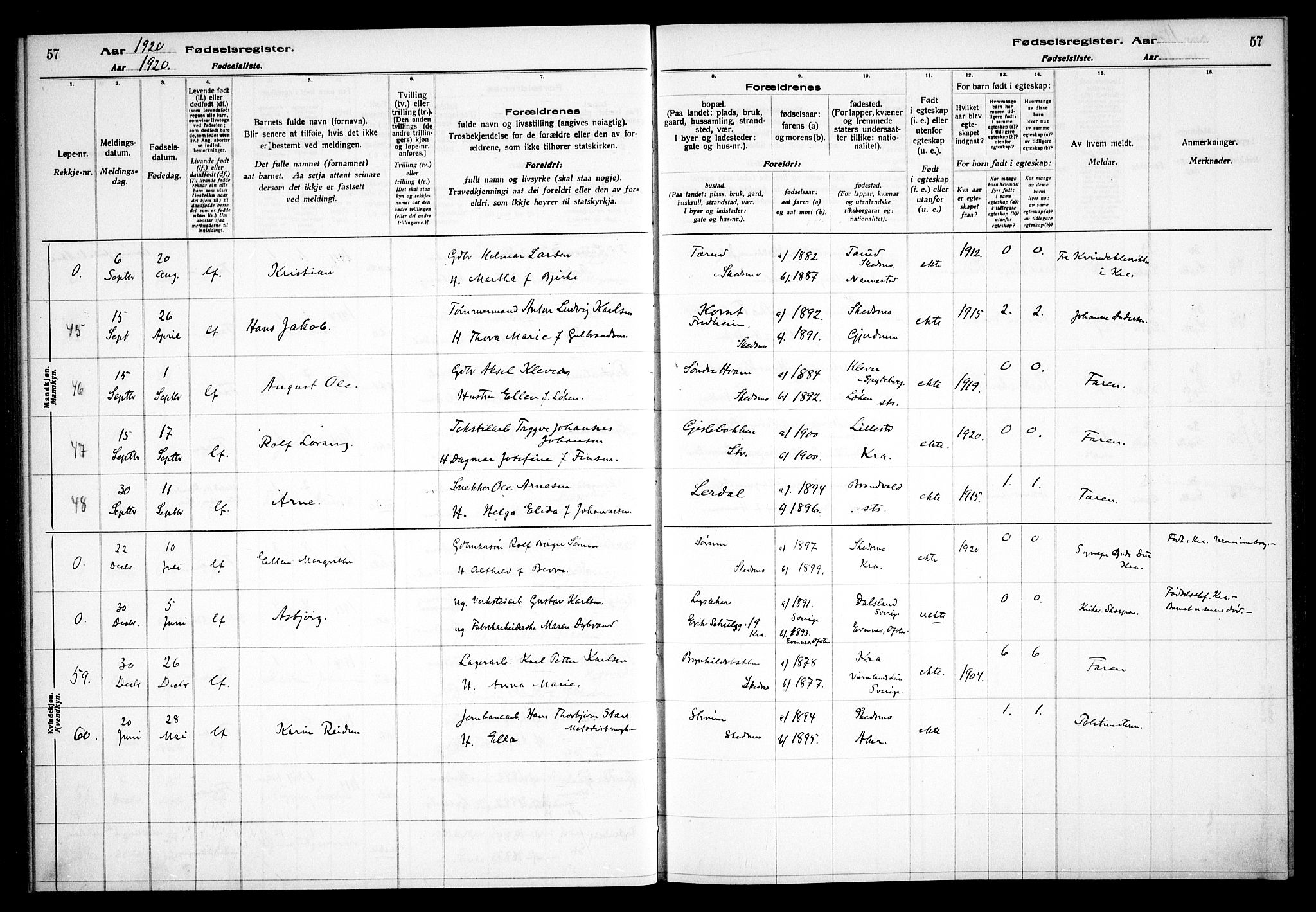 Skedsmo prestekontor Kirkebøker, SAO/A-10033a/J/Ja/L0001: Birth register no. I 1, 1916-1931, p. 57