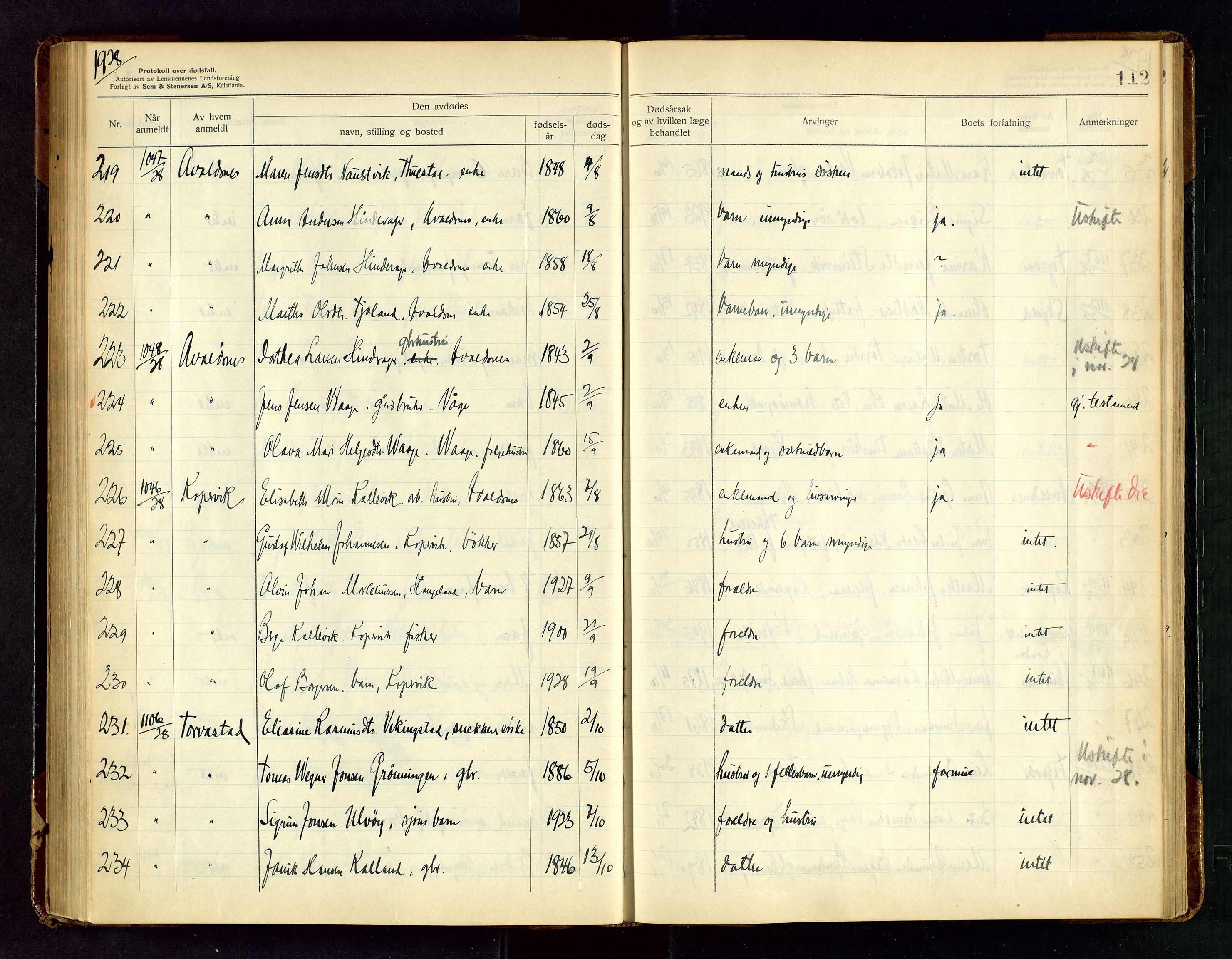 Karmsund sorenskriveri, AV/SAST-A-100311/01/IV/IVAB/L0005: DØDSFALLSPROTOKOLL, 1923-1933, p. 112