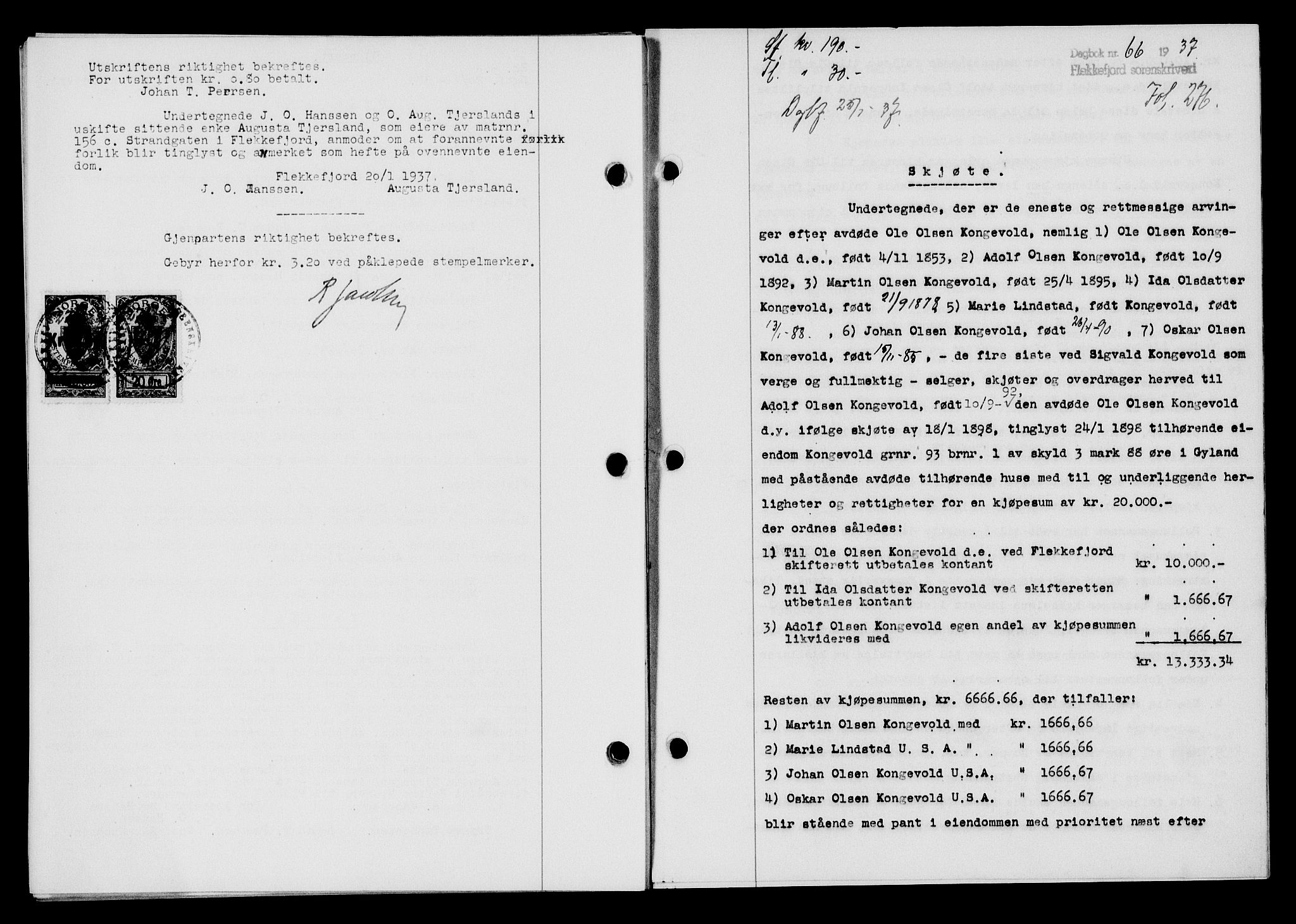 Flekkefjord sorenskriveri, SAK/1221-0001/G/Gb/Gba/L0053: Mortgage book no. A-1, 1936-1937, Diary no: : 66/1937