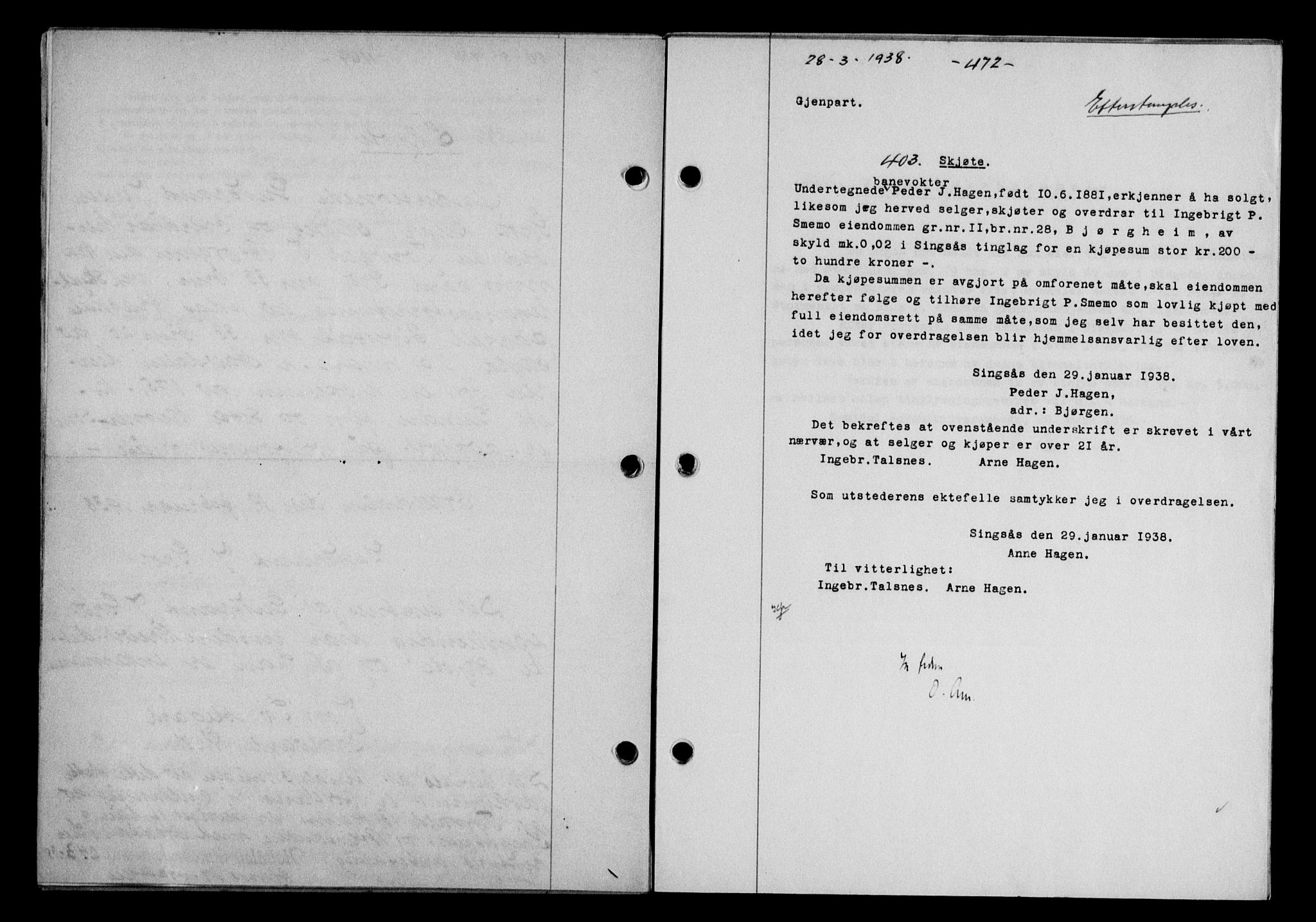 Gauldal sorenskriveri, SAT/A-0014/1/2/2C/L0048: Mortgage book no. 51-52, 1937-1938, p. 472, Diary no: : 403/1938