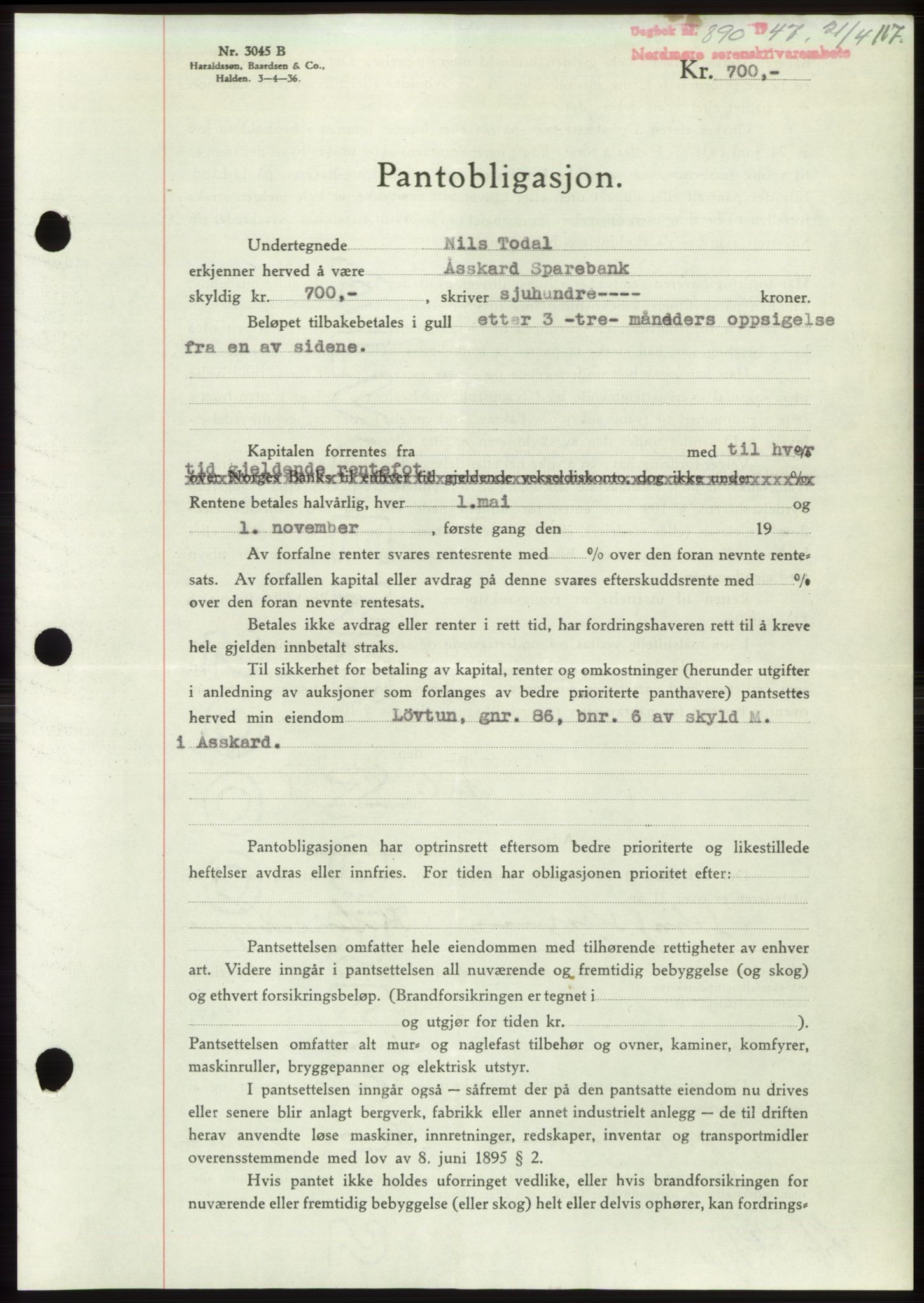 Nordmøre sorenskriveri, AV/SAT-A-4132/1/2/2Ca: Mortgage book no. B96, 1947-1947, Diary no: : 890/1947