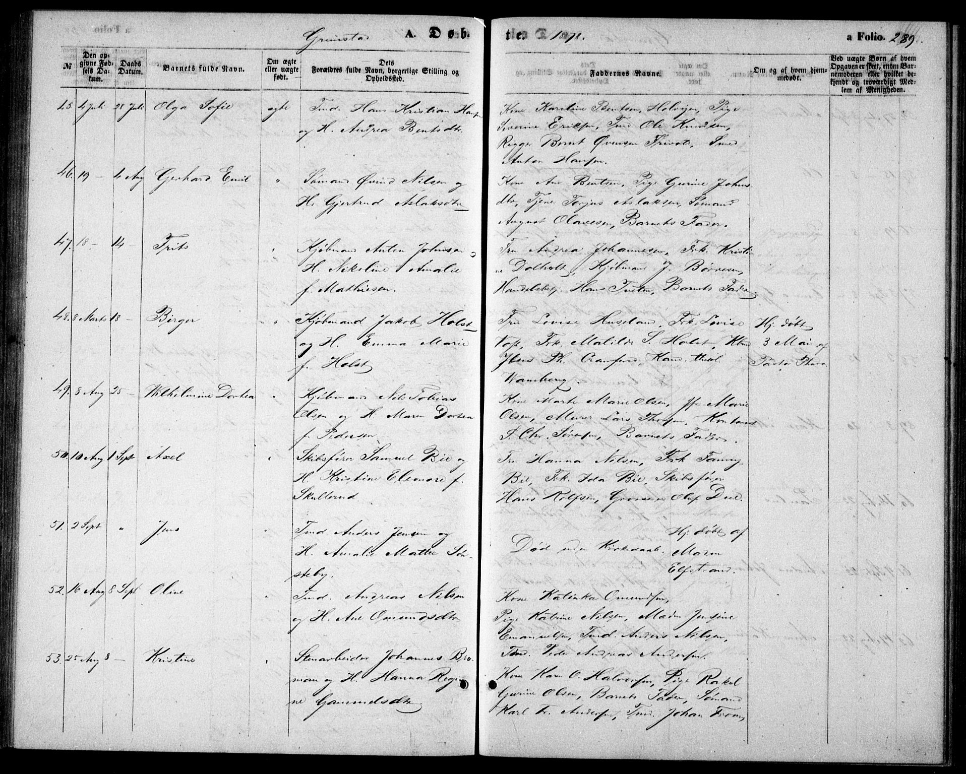 Fjære sokneprestkontor, AV/SAK-1111-0011/F/Fb/L0009: Parish register (copy) no. B 9, 1867-1870, p. 289