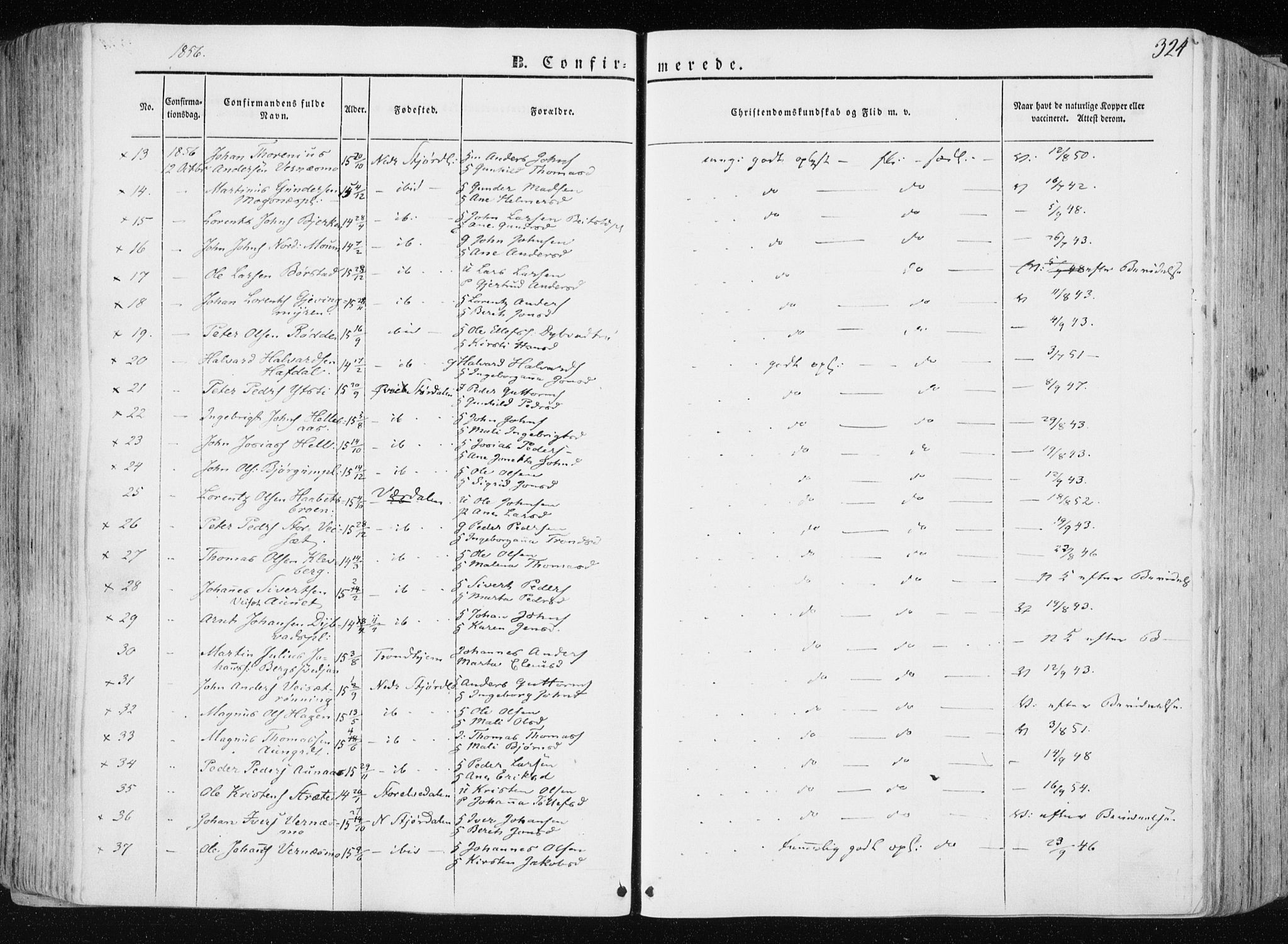 Ministerialprotokoller, klokkerbøker og fødselsregistre - Nord-Trøndelag, AV/SAT-A-1458/709/L0074: Parish register (official) no. 709A14, 1845-1858, p. 324