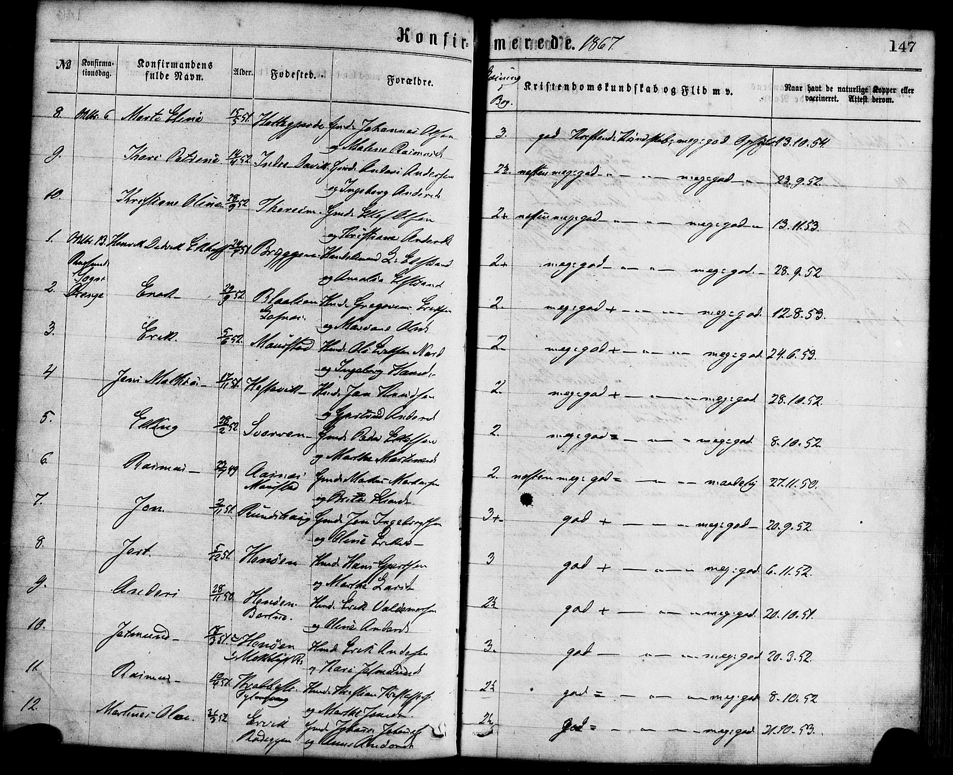 Davik sokneprestembete, AV/SAB-A-79701/H/Haa/Haaa/L0006: Parish register (official) no. A 6, 1867-1881, p. 147