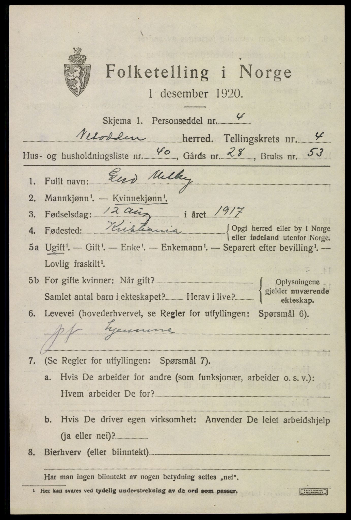 SAO, 1920 census for Nesodden, 1920, p. 4571