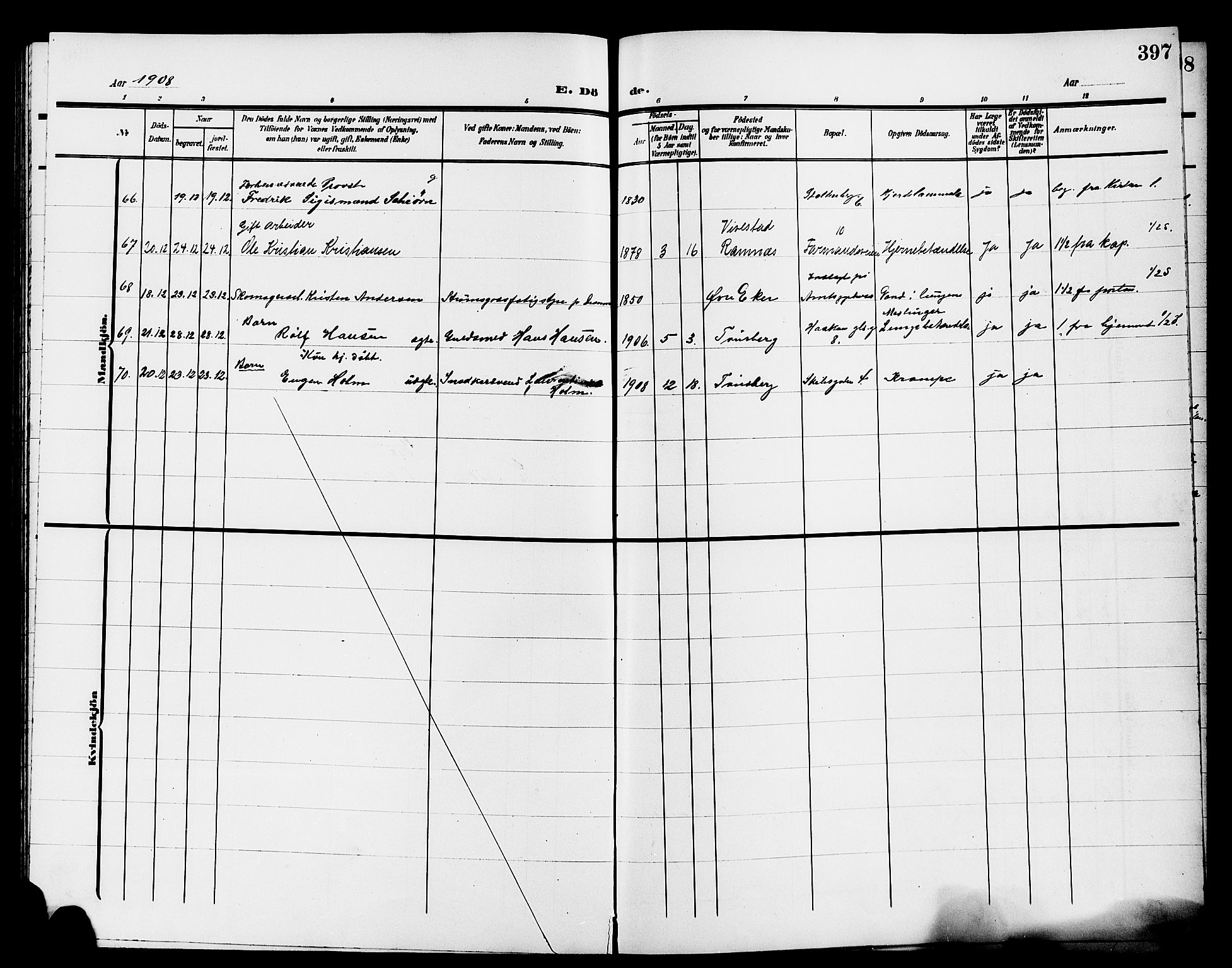 Tønsberg kirkebøker, SAKO/A-330/G/Ga/L0008: Parish register (copy) no. 8, 1905-1912, p. 397