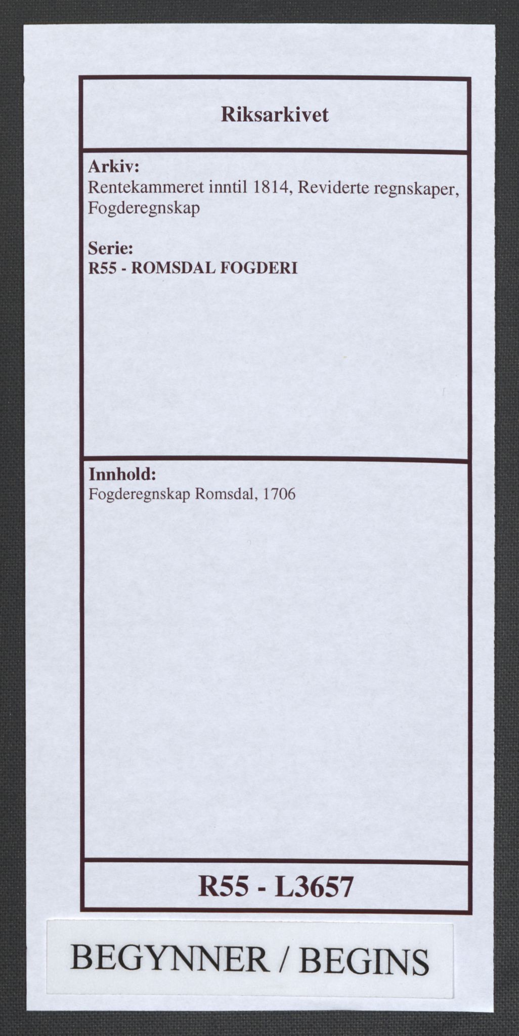 Rentekammeret inntil 1814, Reviderte regnskaper, Fogderegnskap, AV/RA-EA-4092/R55/L3657: Fogderegnskap Romsdal, 1706, p. 1