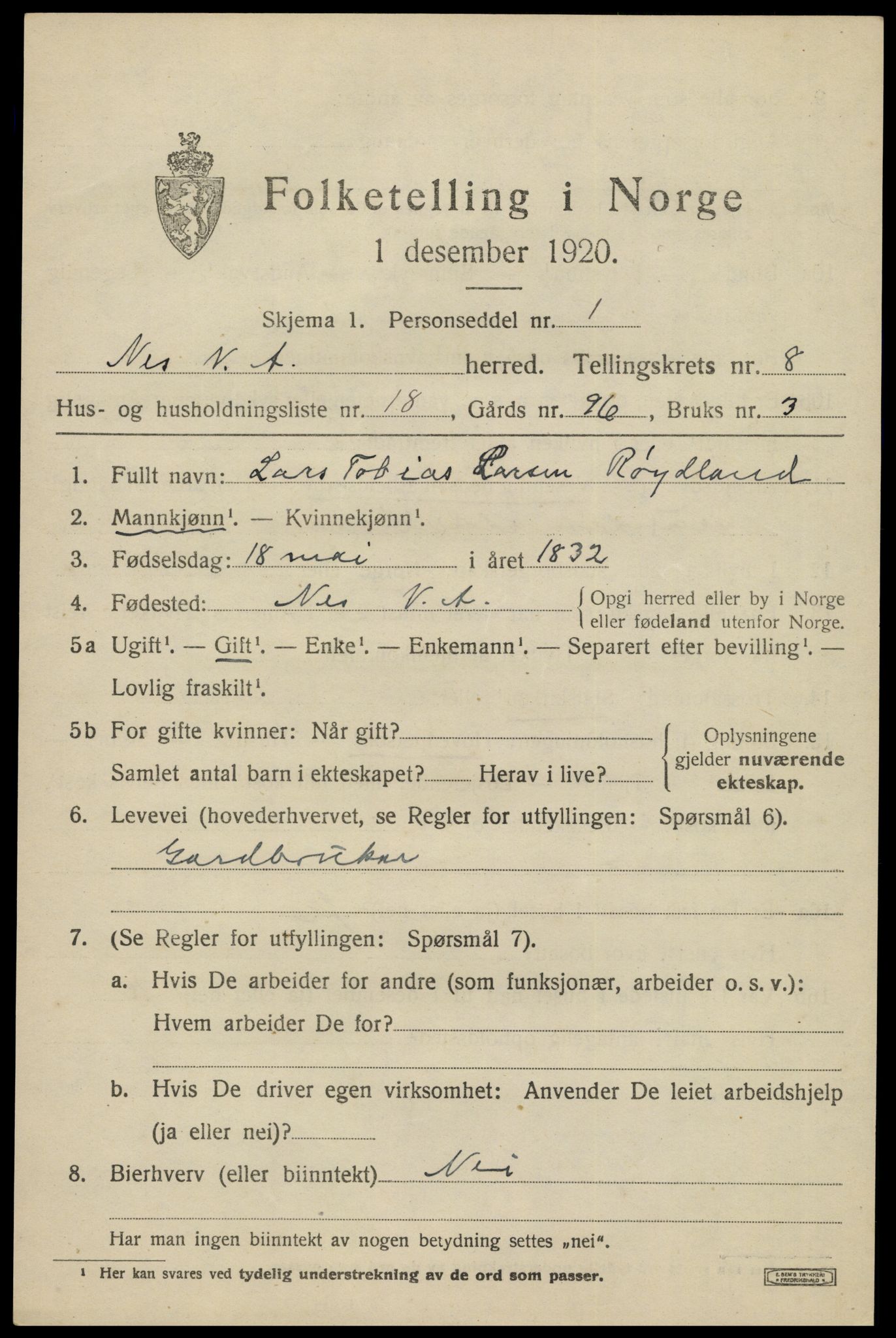 SAK, 1920 census for Nes (V-A), 1920, p. 3758