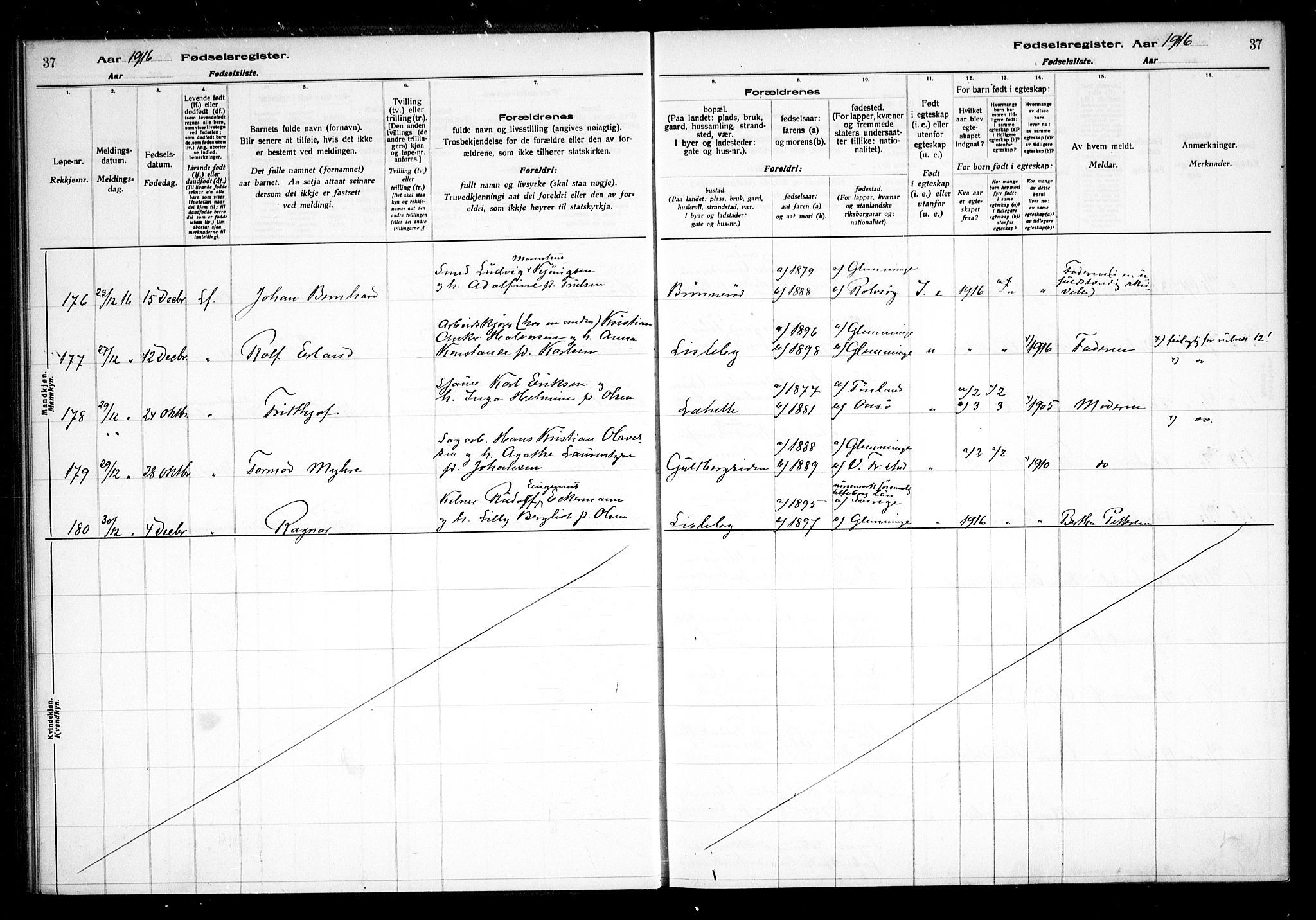 Glemmen prestekontor Kirkebøker, AV/SAO-A-10908/J/Ja/L0001: Birth register no. I 1, 1916-1922, p. 37