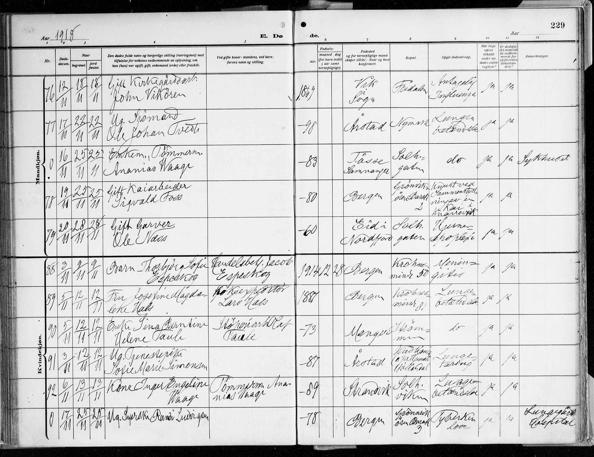 Årstad Sokneprestembete, AV/SAB-A-79301/H/Haa/L0003: Parish register (official) no. A 3, 1914-1919, p. 229