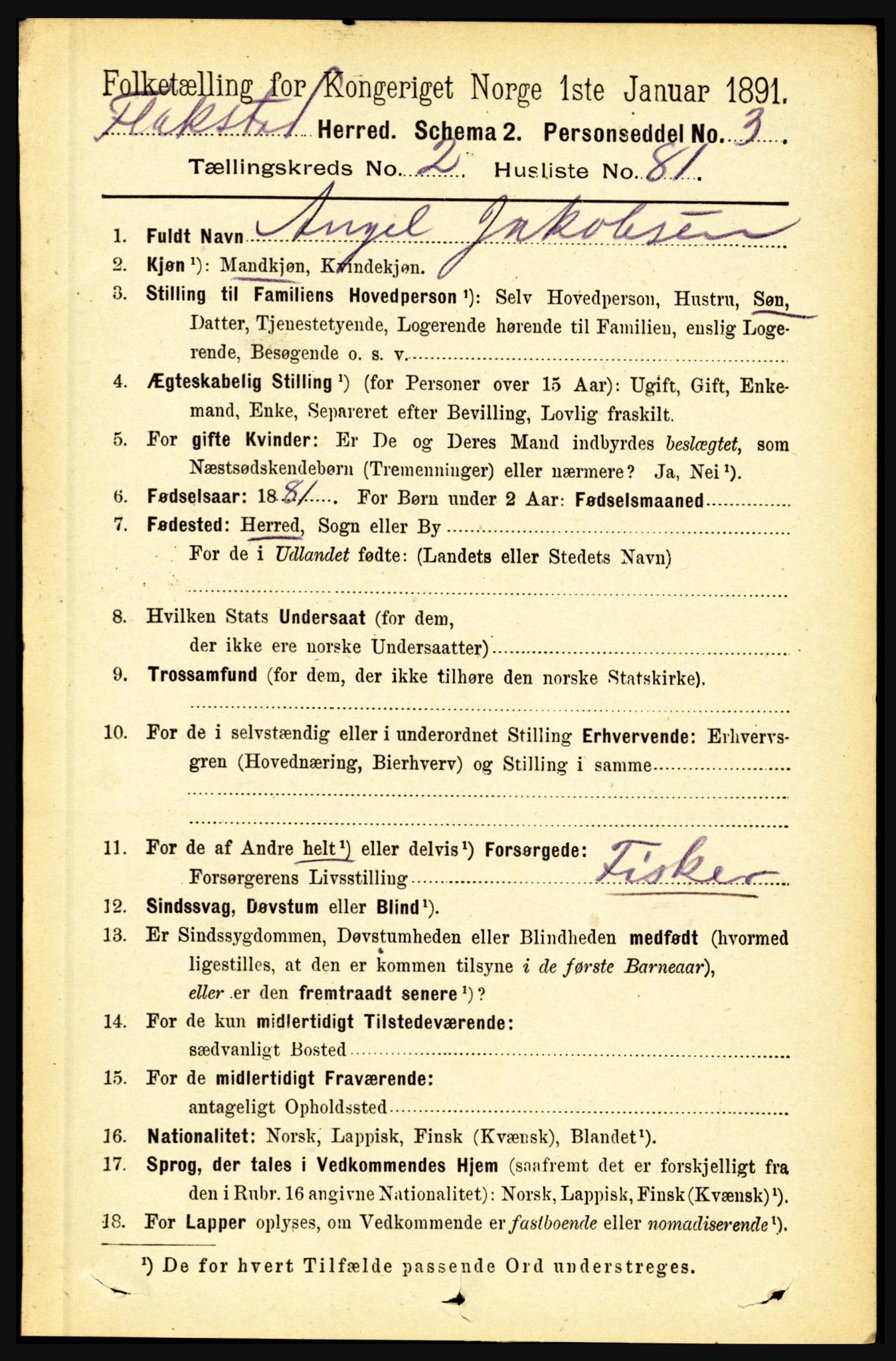 RA, 1891 census for 1859 Flakstad, 1891, p. 1224