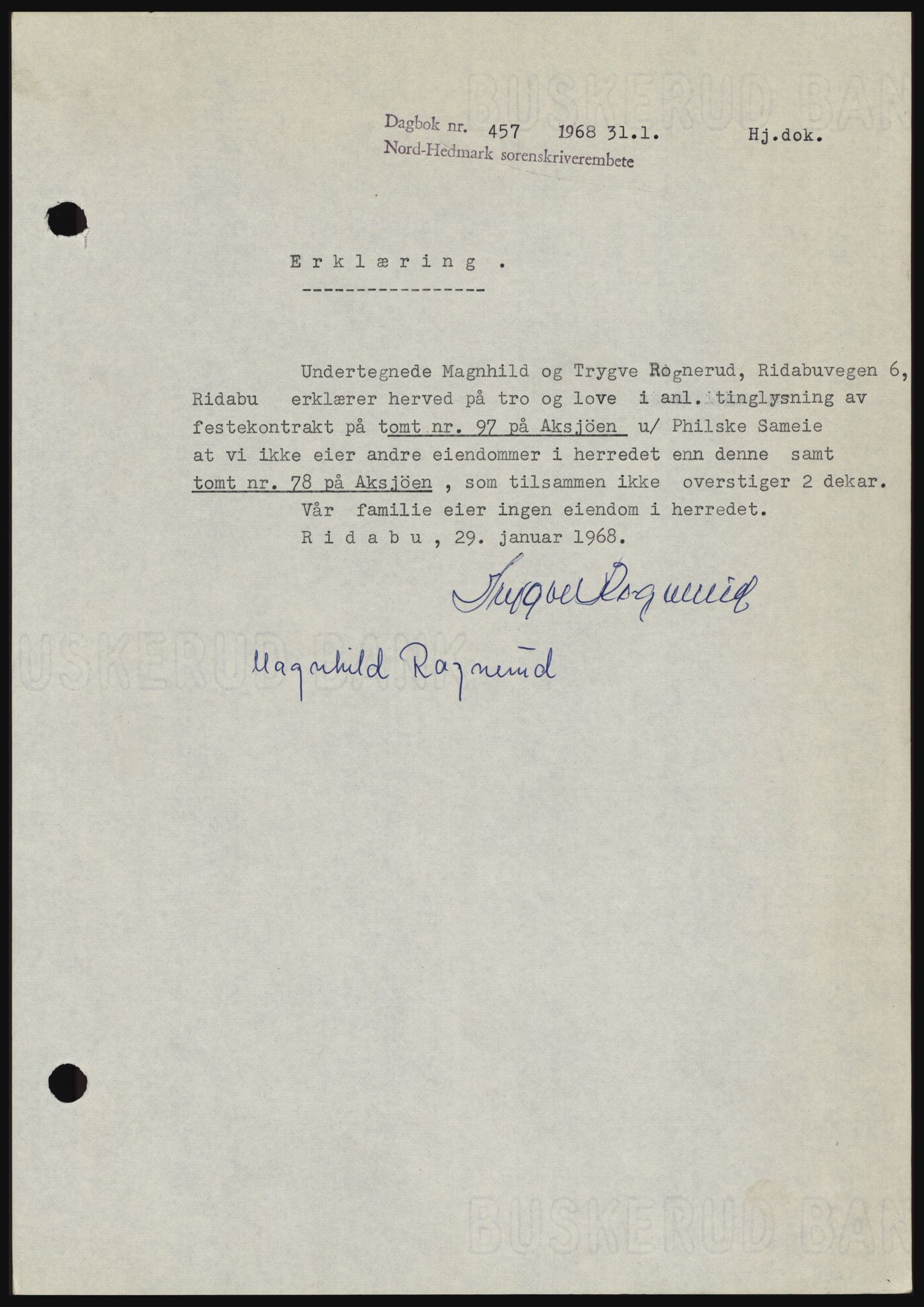 Nord-Hedmark sorenskriveri, AV/SAH-TING-012/H/Hc/L0027: Mortgage book no. 27, 1967-1968, Diary no: : 457/1968