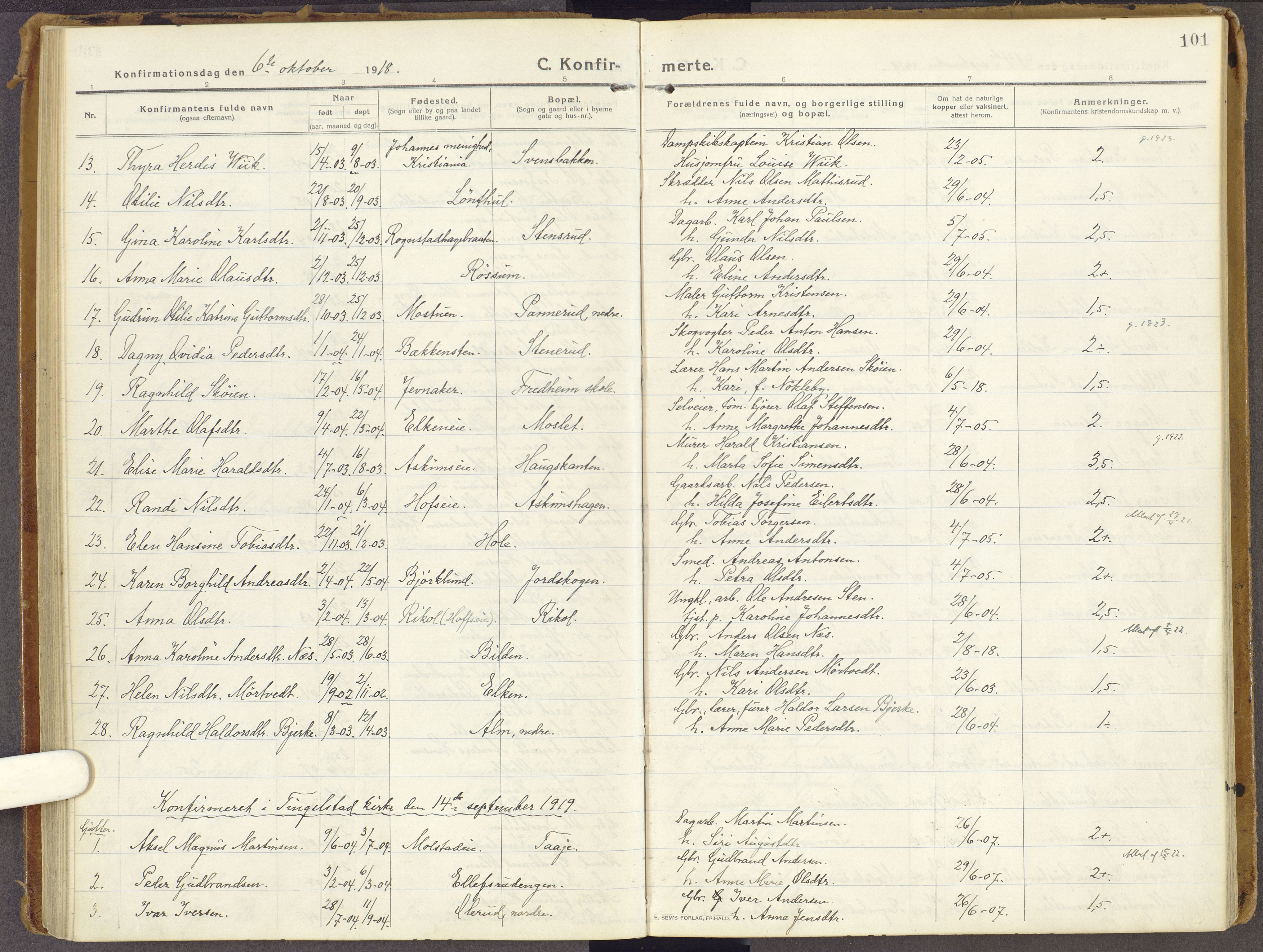 Brandbu prestekontor, SAH/PREST-114/H/Ha/Haa/L0003: Parish register (official) no. 3, 1914-1928, p. 101