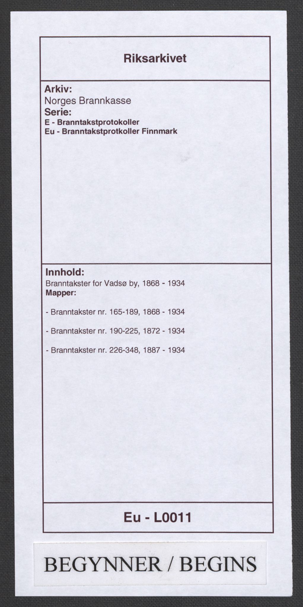 Norges Brannkasse, AV/RA-S-1549/E/Eu/L0011: Branntakster for Vadsø by, 1868-1934, p. 1