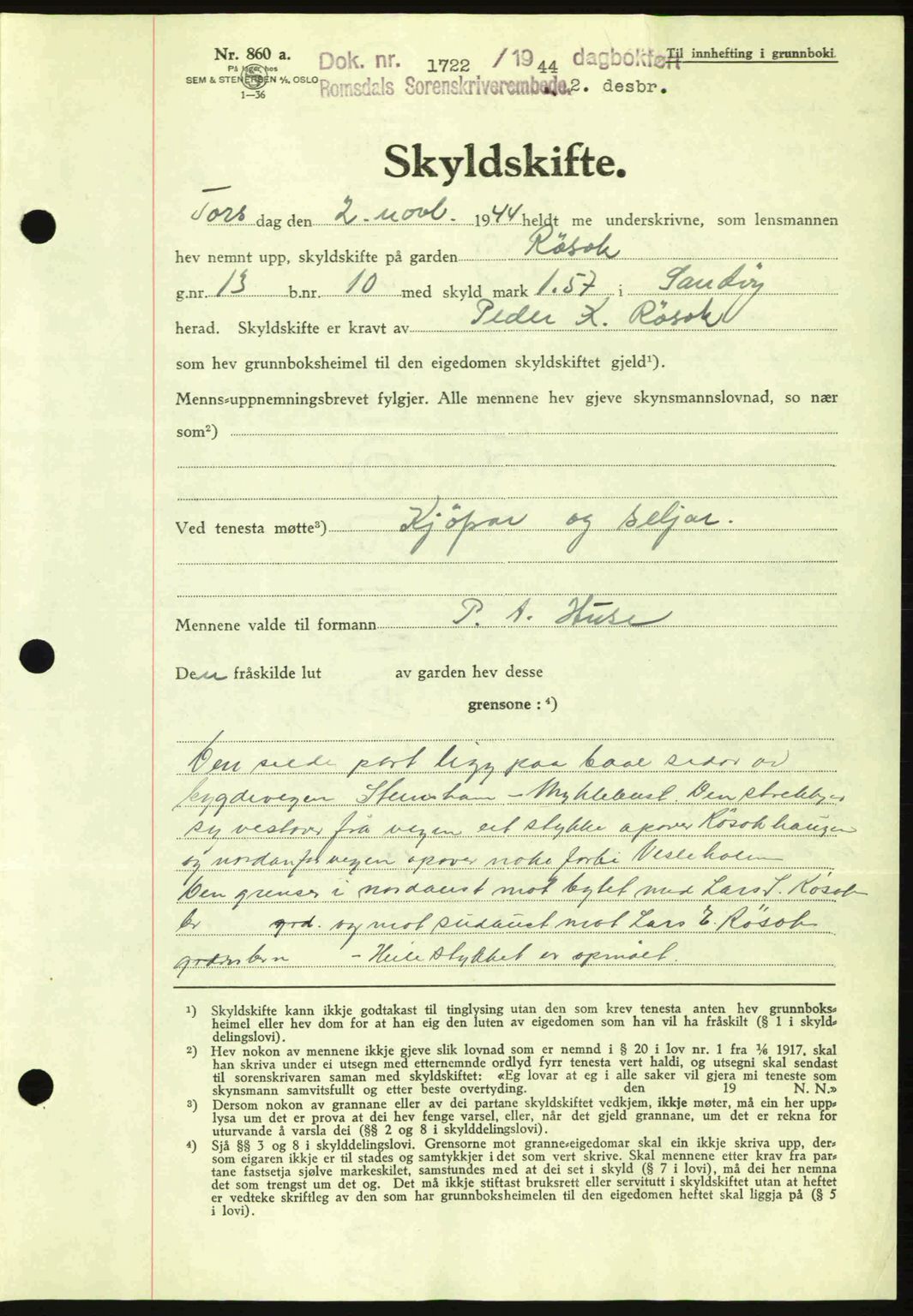 Romsdal sorenskriveri, AV/SAT-A-4149/1/2/2C: Mortgage book no. A17, 1944-1945, Diary no: : 1722/1944