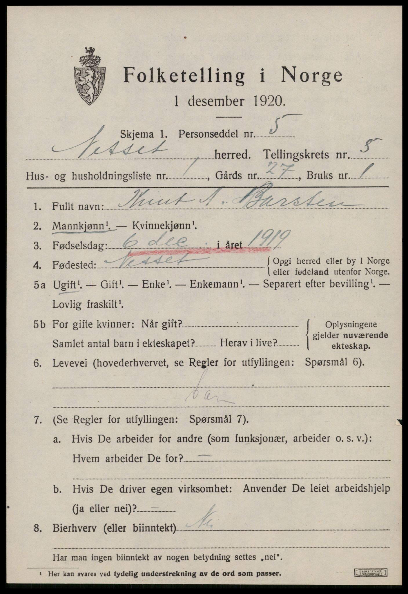 SAT, 1920 census for Nesset, 1920, p. 2218