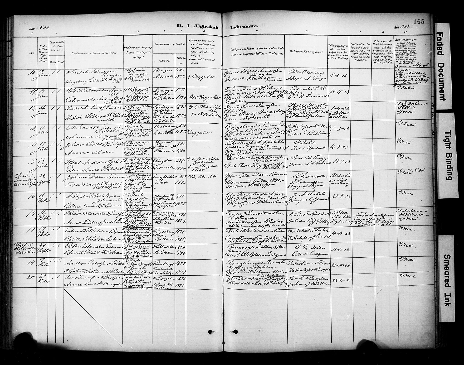 Ministerialprotokoller, klokkerbøker og fødselsregistre - Sør-Trøndelag, SAT/A-1456/681/L0936: Parish register (official) no. 681A14, 1899-1908, p. 165