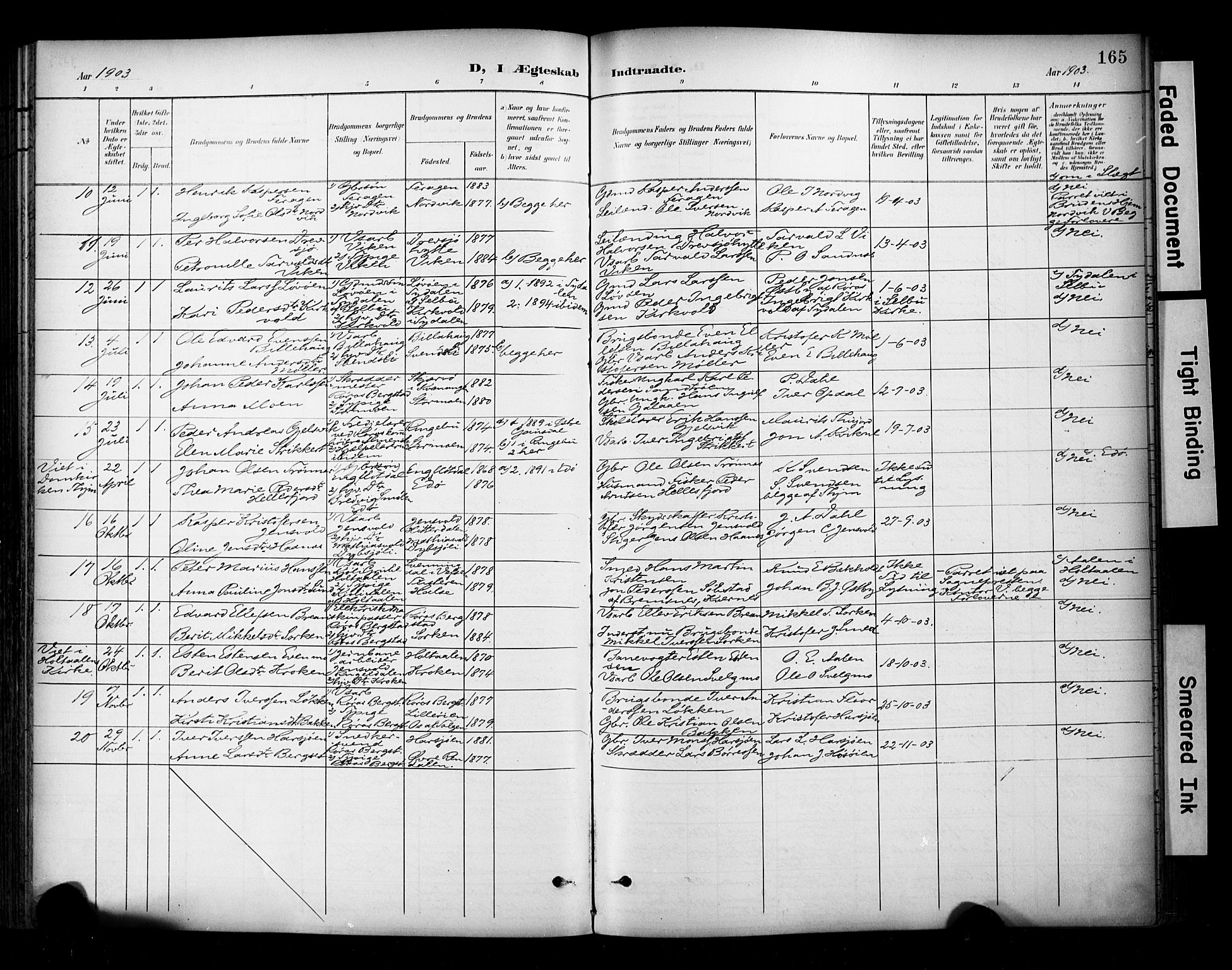 Ministerialprotokoller, klokkerbøker og fødselsregistre - Sør-Trøndelag, AV/SAT-A-1456/681/L0936: Parish register (official) no. 681A14, 1899-1908, p. 165