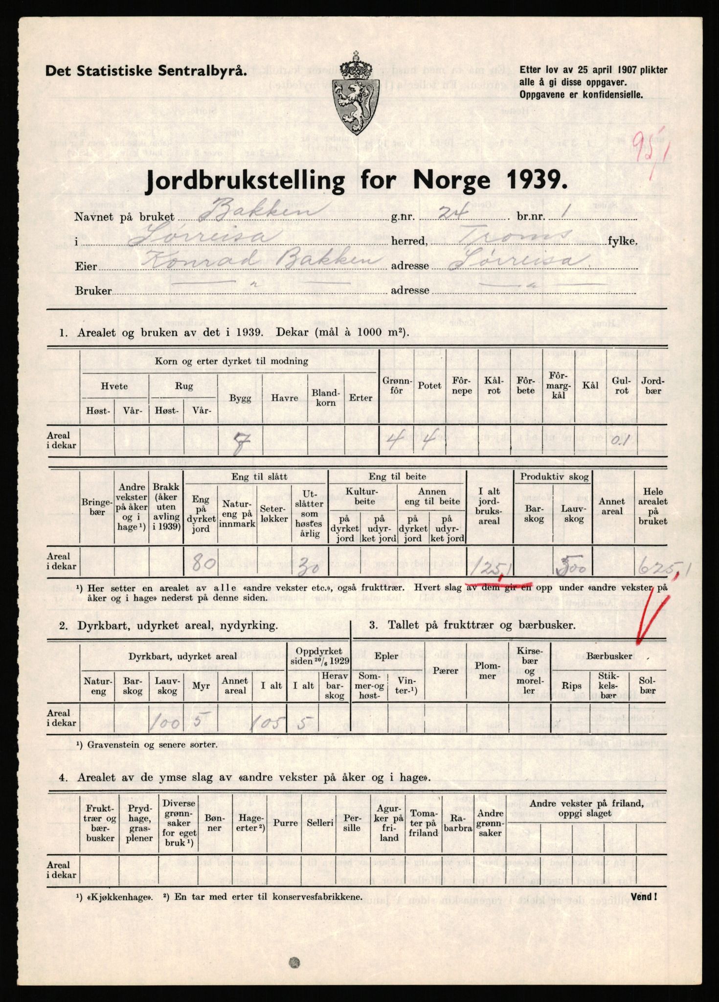 Statistisk sentralbyrå, Næringsøkonomiske emner, Jordbruk, skogbruk, jakt, fiske og fangst, AV/RA-S-2234/G/Gb/L0341: Troms: Sørreisa og Tranøy, 1939, p. 840