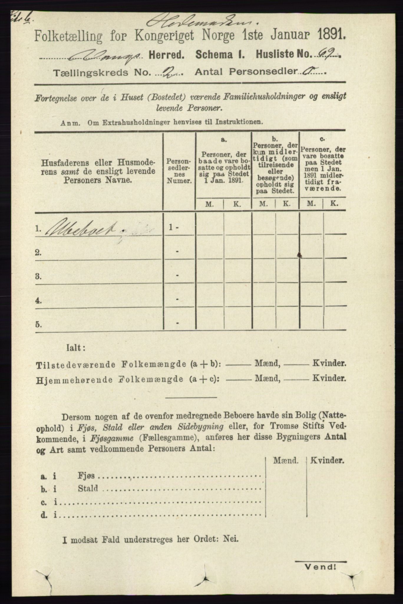 RA, 1891 census for 0414 Vang, 1891, p. 1000
