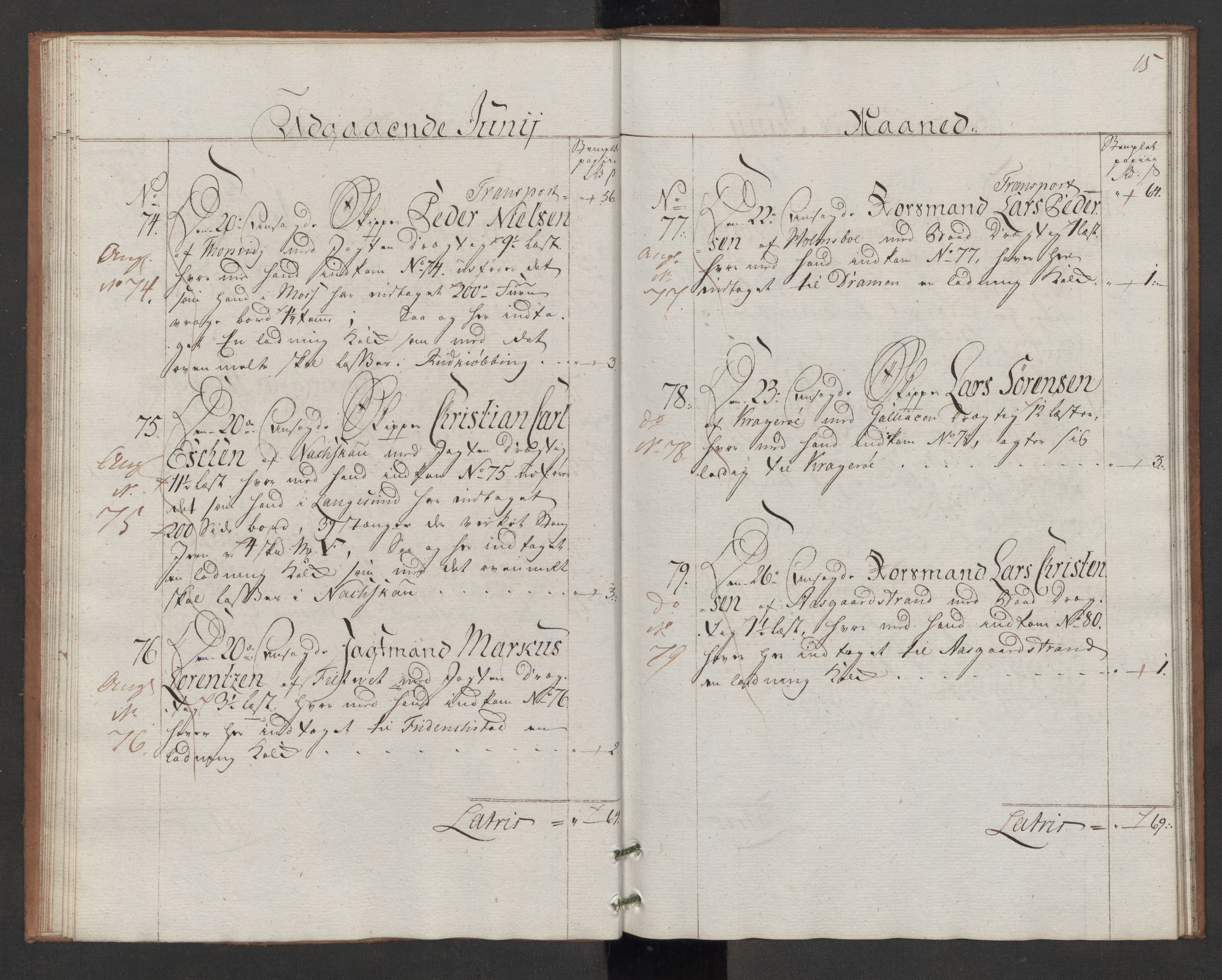 Generaltollkammeret, tollregnskaper, AV/RA-EA-5490/R06/L0166/0002: Tollregnskaper Kristiania / Utgående hovedtollbok Slependen, 1786, p. 14b-15a